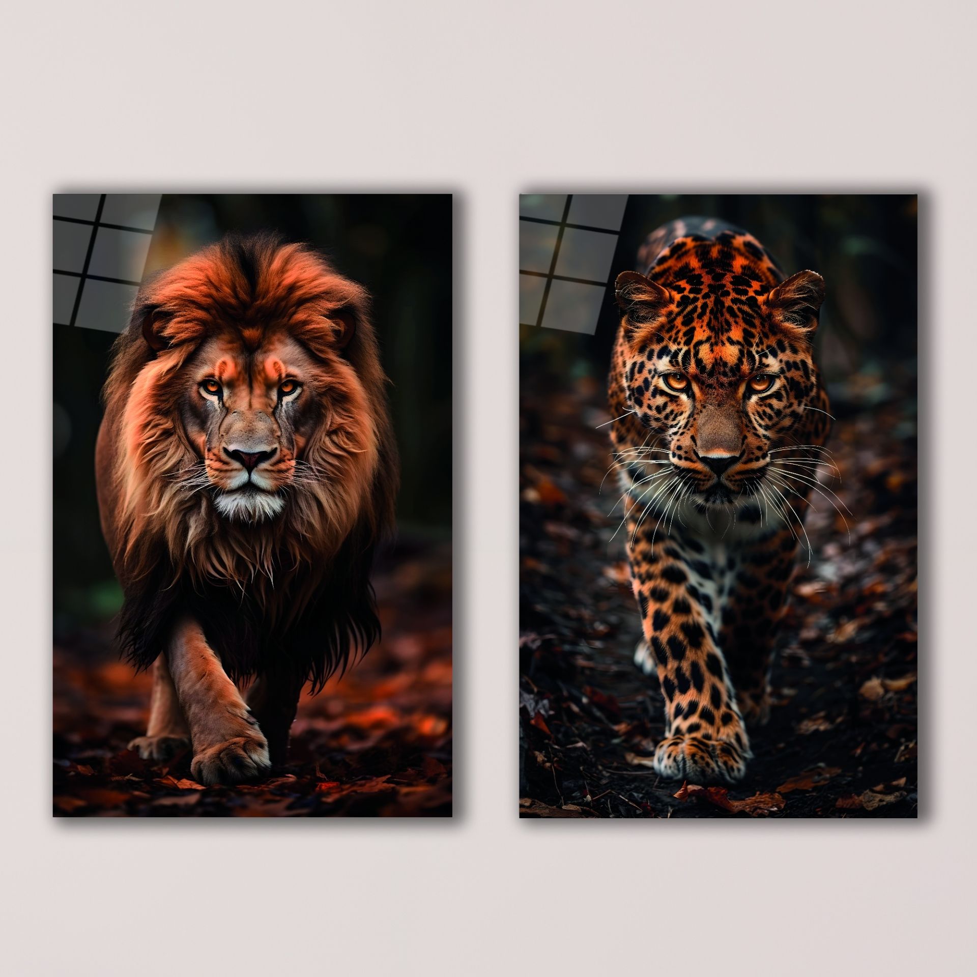 2'li Set Aslan ve Leopar Cam Tablo