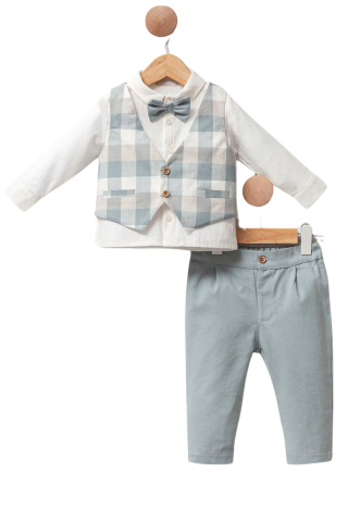 Mini Groom Erkek Bebek 3'lü Takım Pantolon Yelek Gömlek Papyon Ekose Detaylı 6-9-12-18 Ay