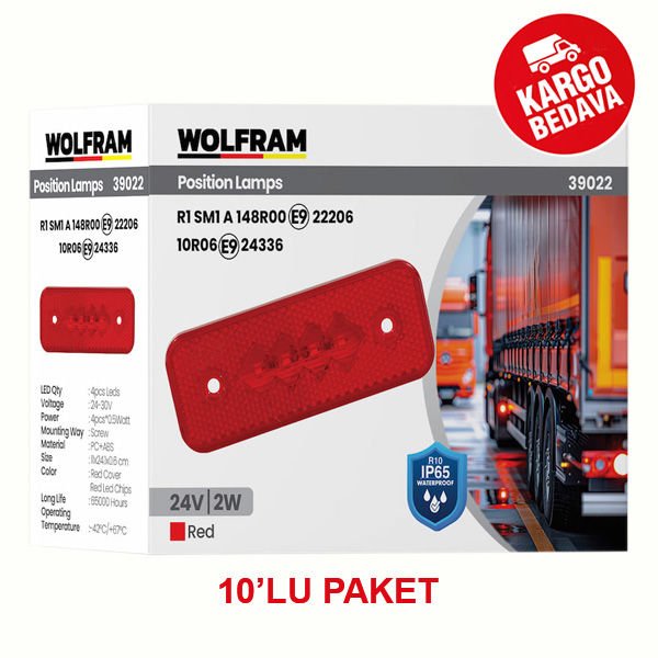 WOLFRAM 39022 24V SIDE MARKER YAN POZİSYON LAMBASI 2W KIRMIZI E9-R10 BELGELİ - 10 Adet