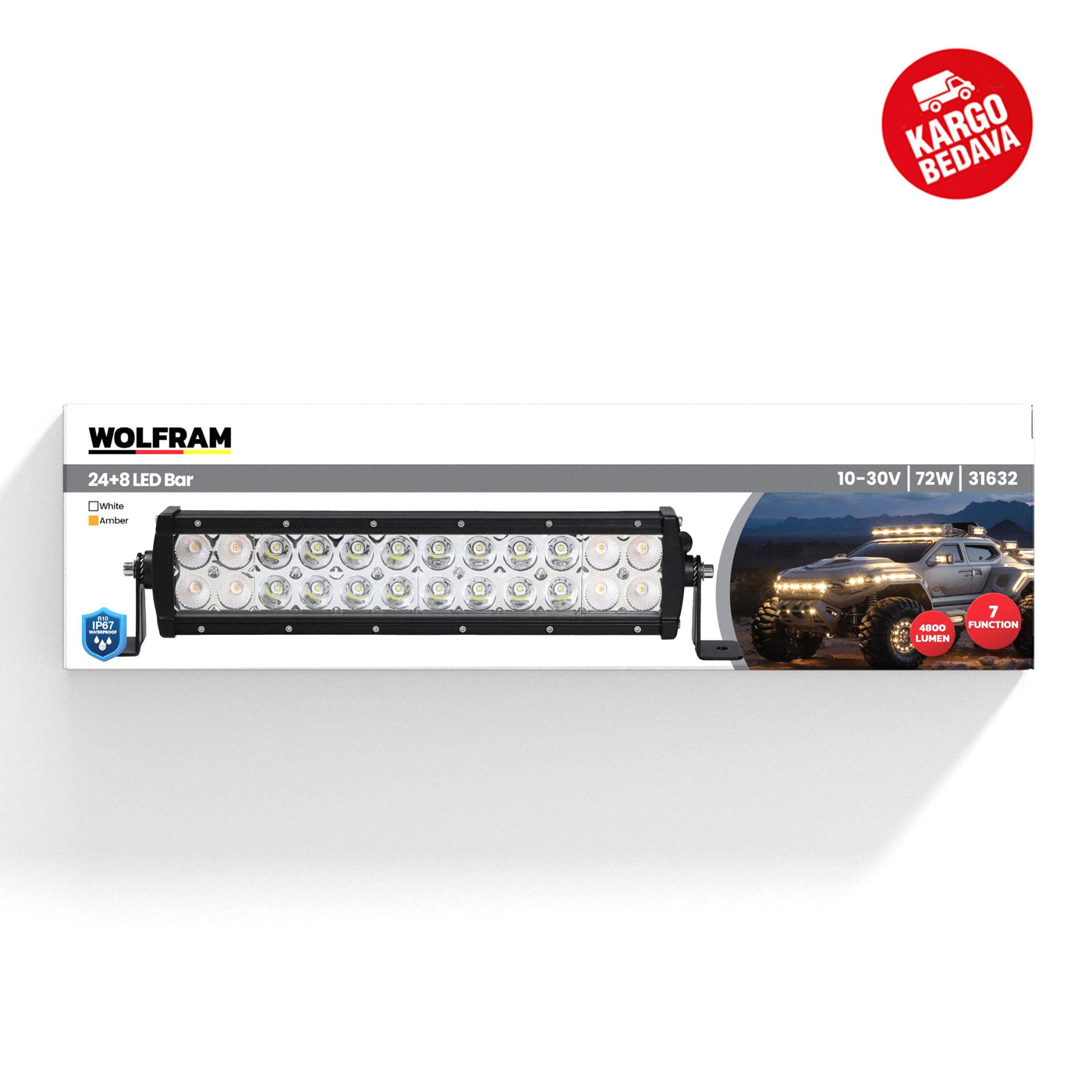 Wolfram 31632 Led Bar Beyaz Işık + Amber Işık 7 Fonksiyon Çakarlı 32 cm 12/24V E-Belgeli 72W