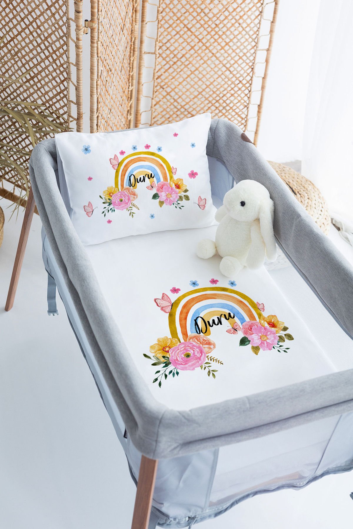 %100 Delux Pamuk İsme Özel 70x120 Park Yatak Nevresim Takımı Gökkuşağı