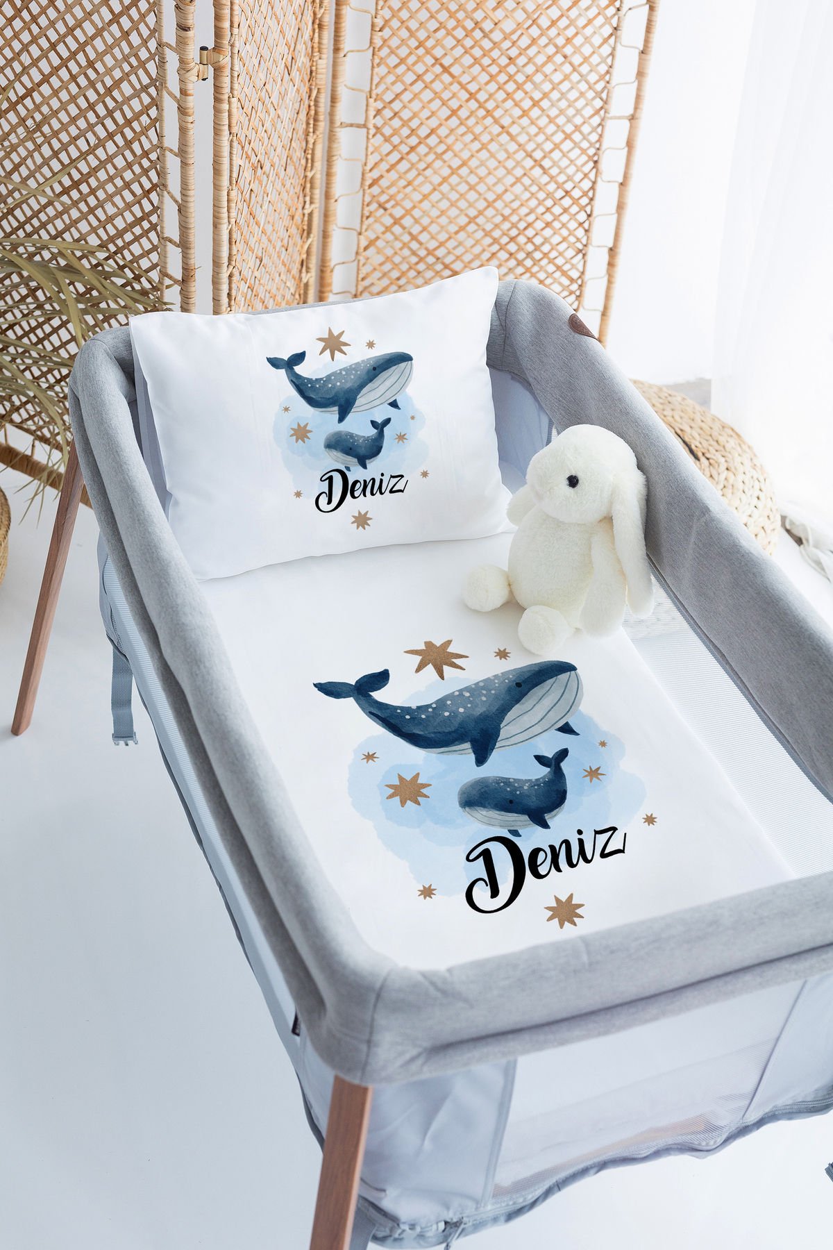 %100 Delux Pamuk İsme Özel 70x120 Park Yatak Nevresim Takımı Balina