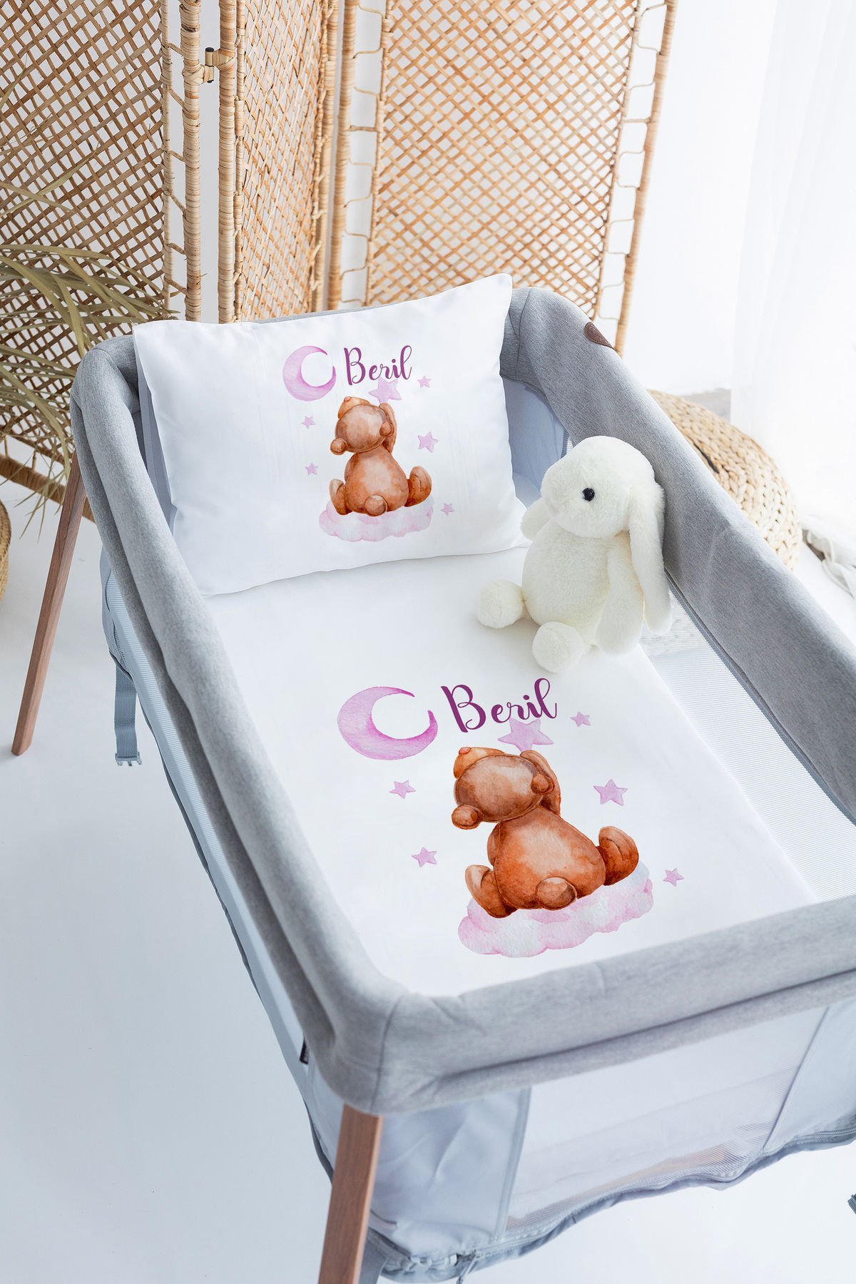 %100 Delux Pamuk İsme Özel 70x120 Park Yatak Nevresim Takımı Ayıcık
