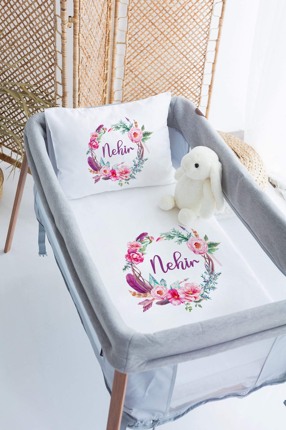 %100 Delux Pamuk İsme Özel 70x120 Park Yatak Nevresim Takımı Çiçek