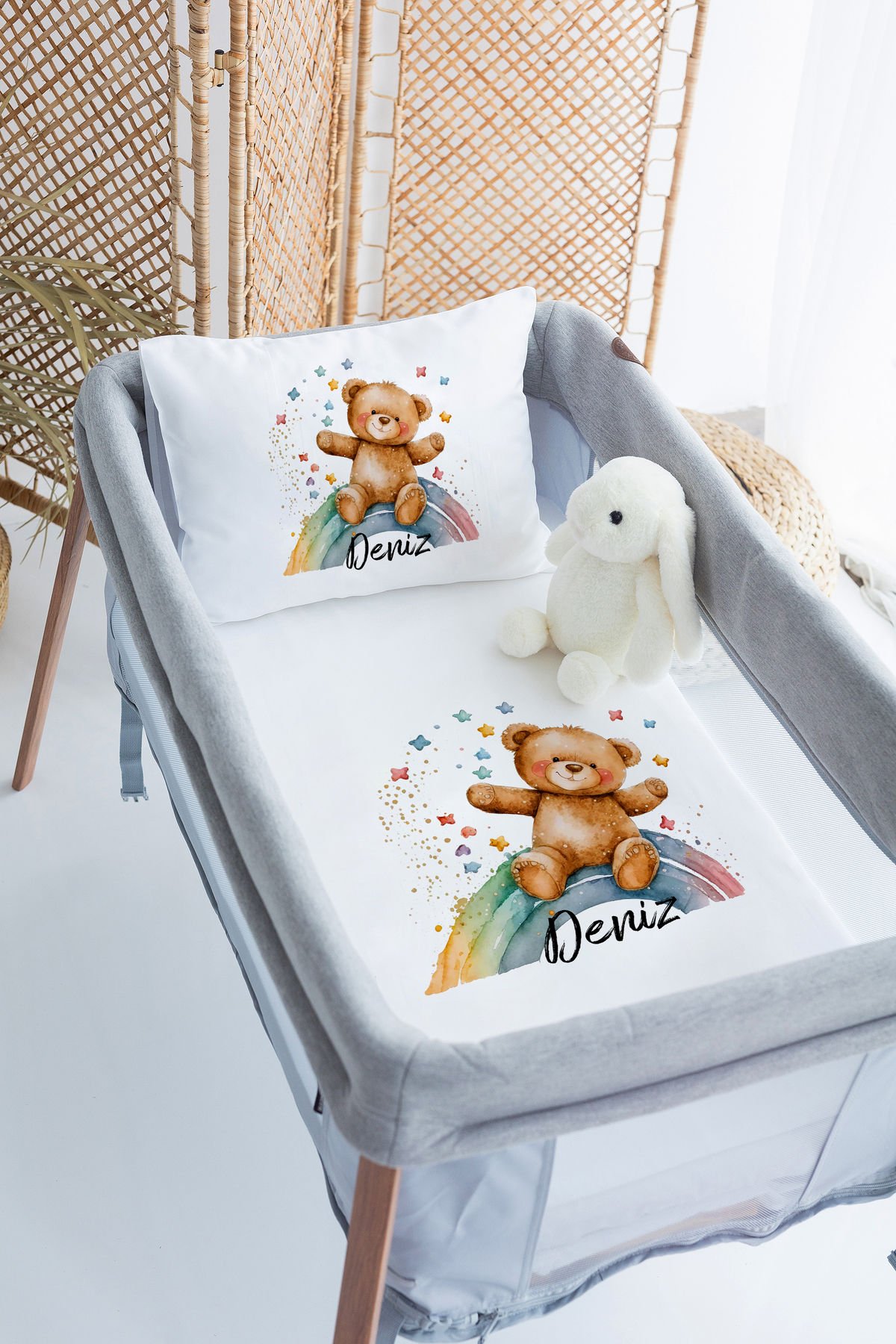 %100 Delux Pamuk İsme Özel 70x120 Park Yatak Nevresim Takımı Ayıcık