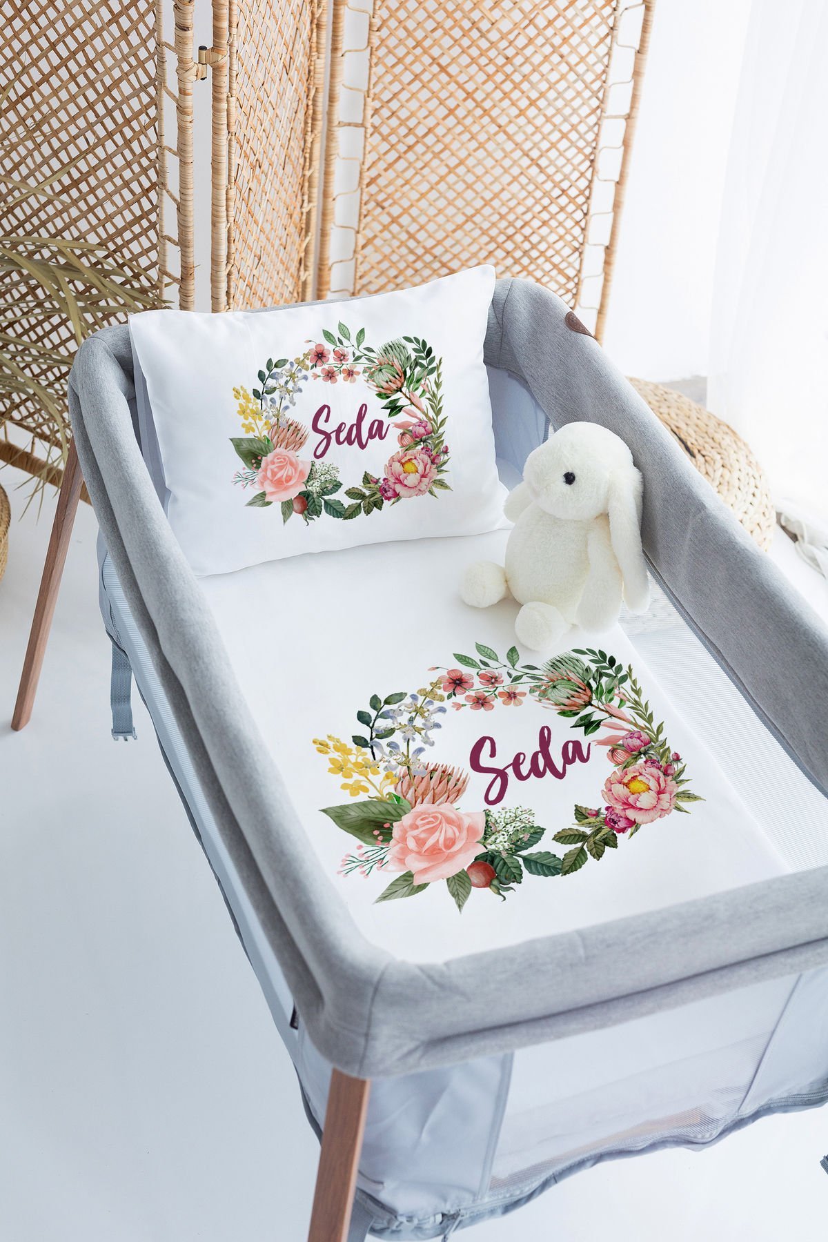 %100 Delux Pamuk İsme Özel 70x120 Park Yatak Nevresim Takımı Çiçek