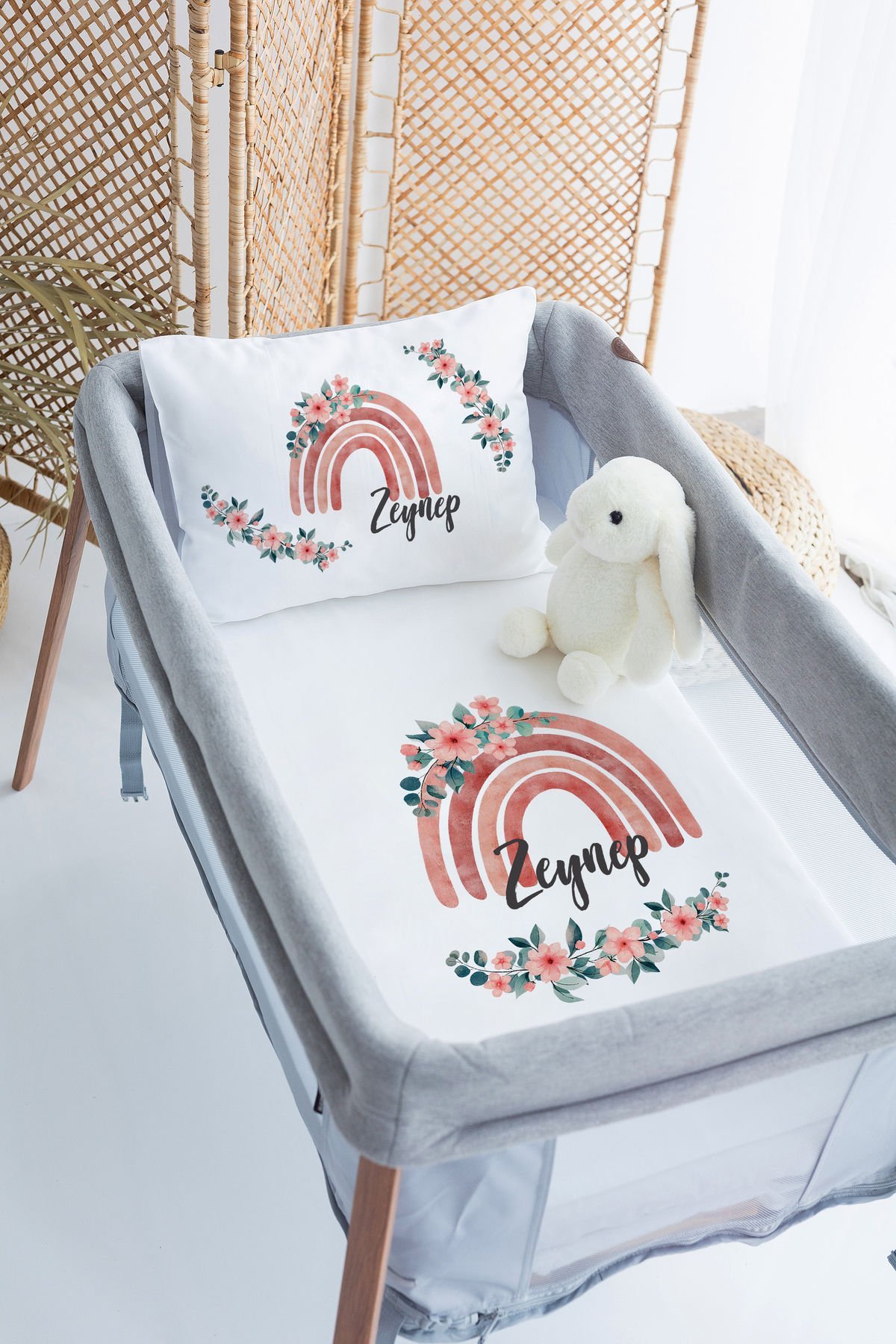 %100 Delux Pamuk İsme Özel 70x120 Park Yatak Nevresim Takımı Gökkuşağı