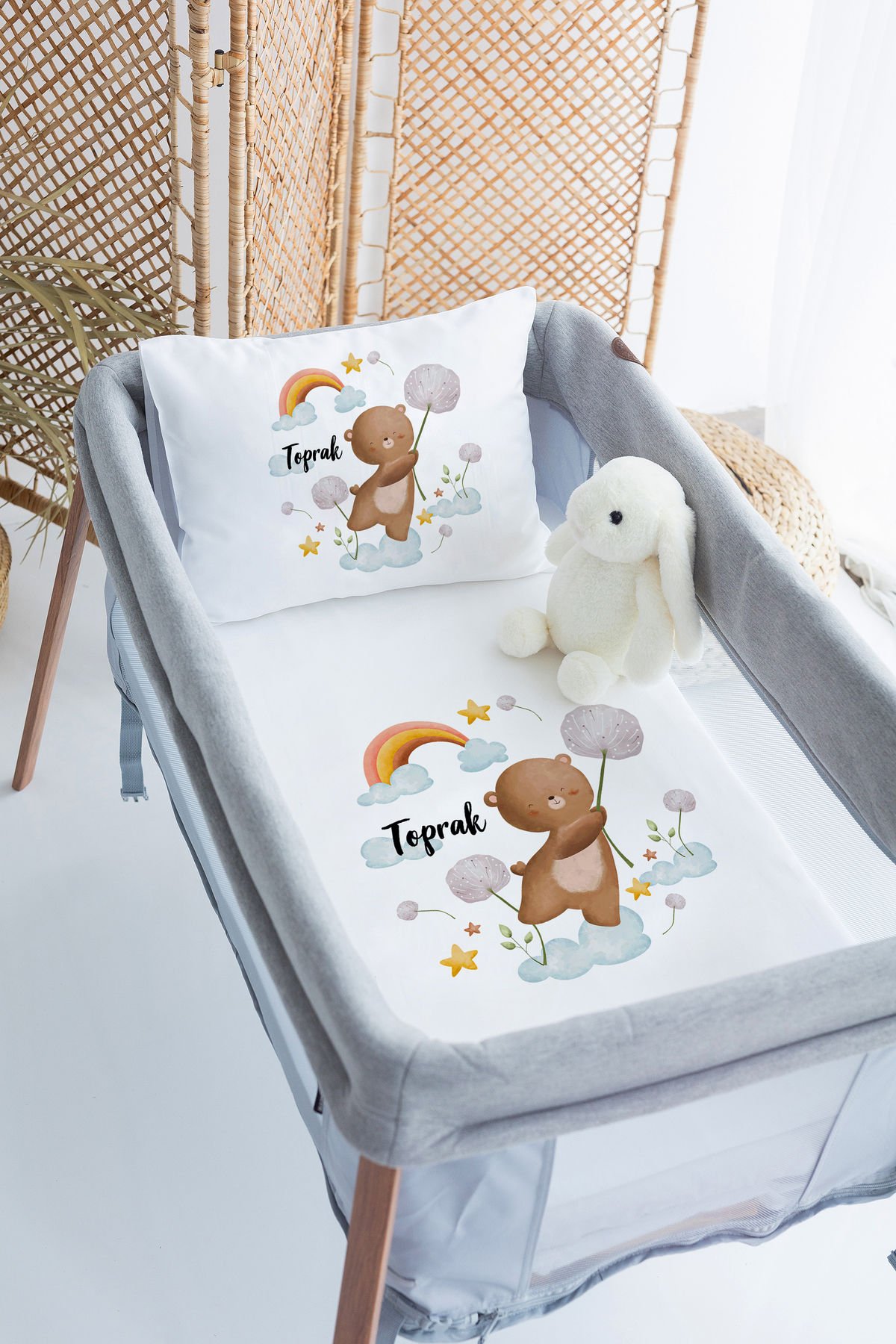 %100 Delux Pamuk İsme Özel 70x120 Park Yatak Nevresim Takımı Ayıcık