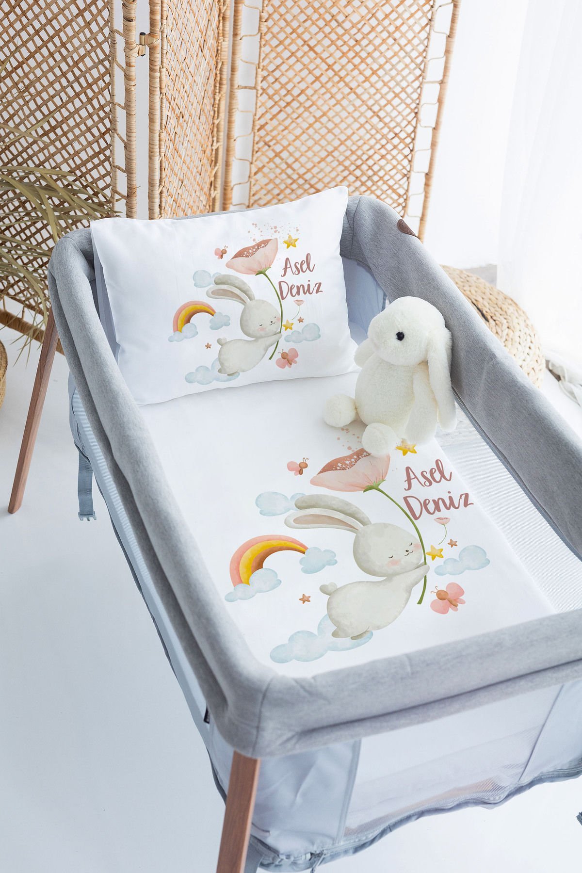 %100 Delux Pamuk İsme Özel 70x120 Park Yatak Nevresim Takımı Tavşan