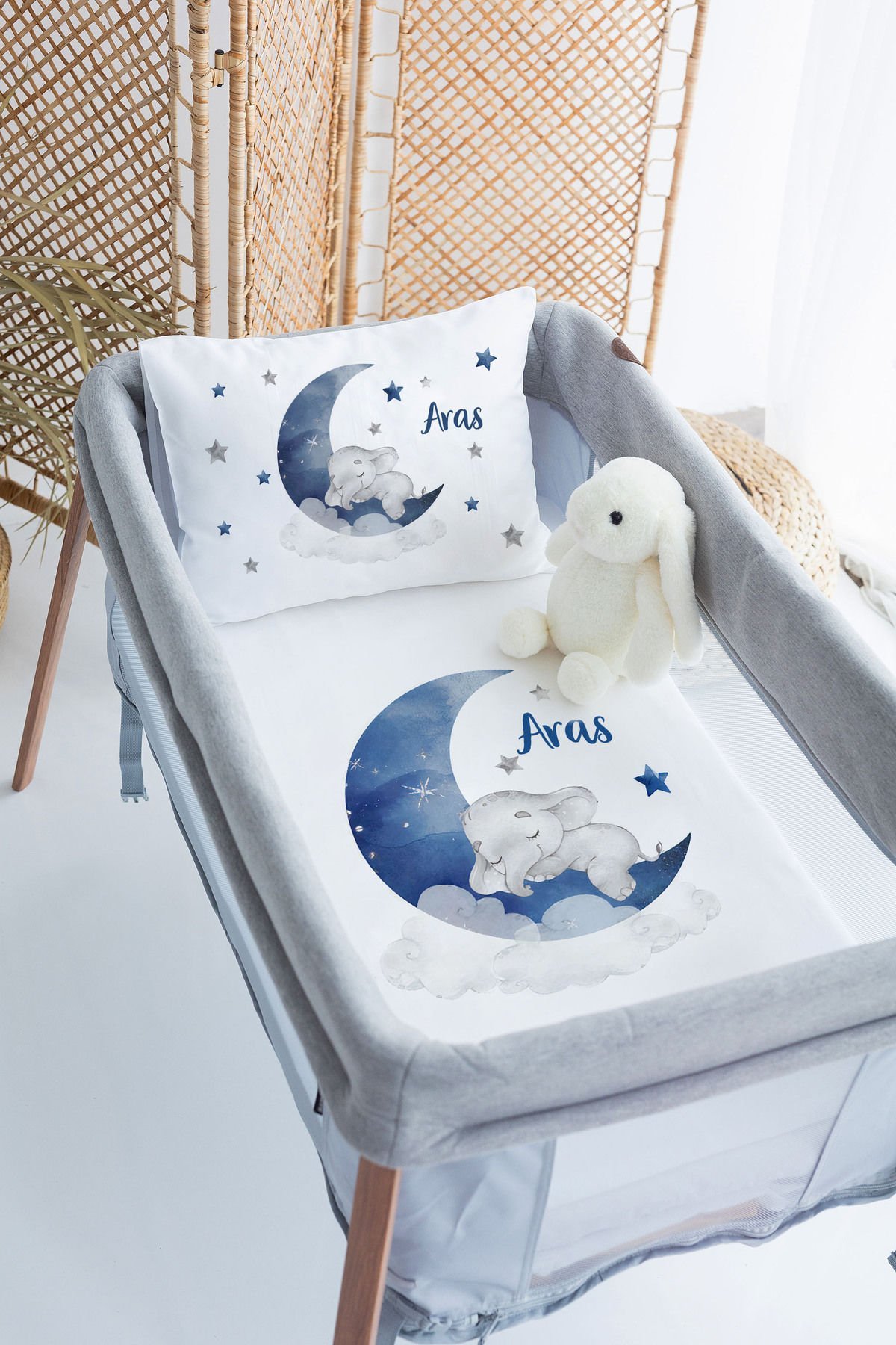 %100 Delux Pamuk İsme Özel 70x120 Park Yatak Nevresim Takımı Fil