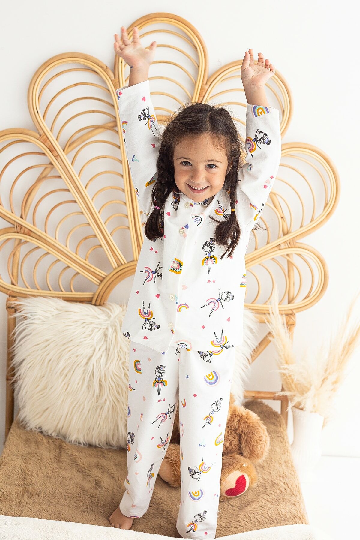 %100 Pamuk Pazen Kız Çocuk Pijama Takımı