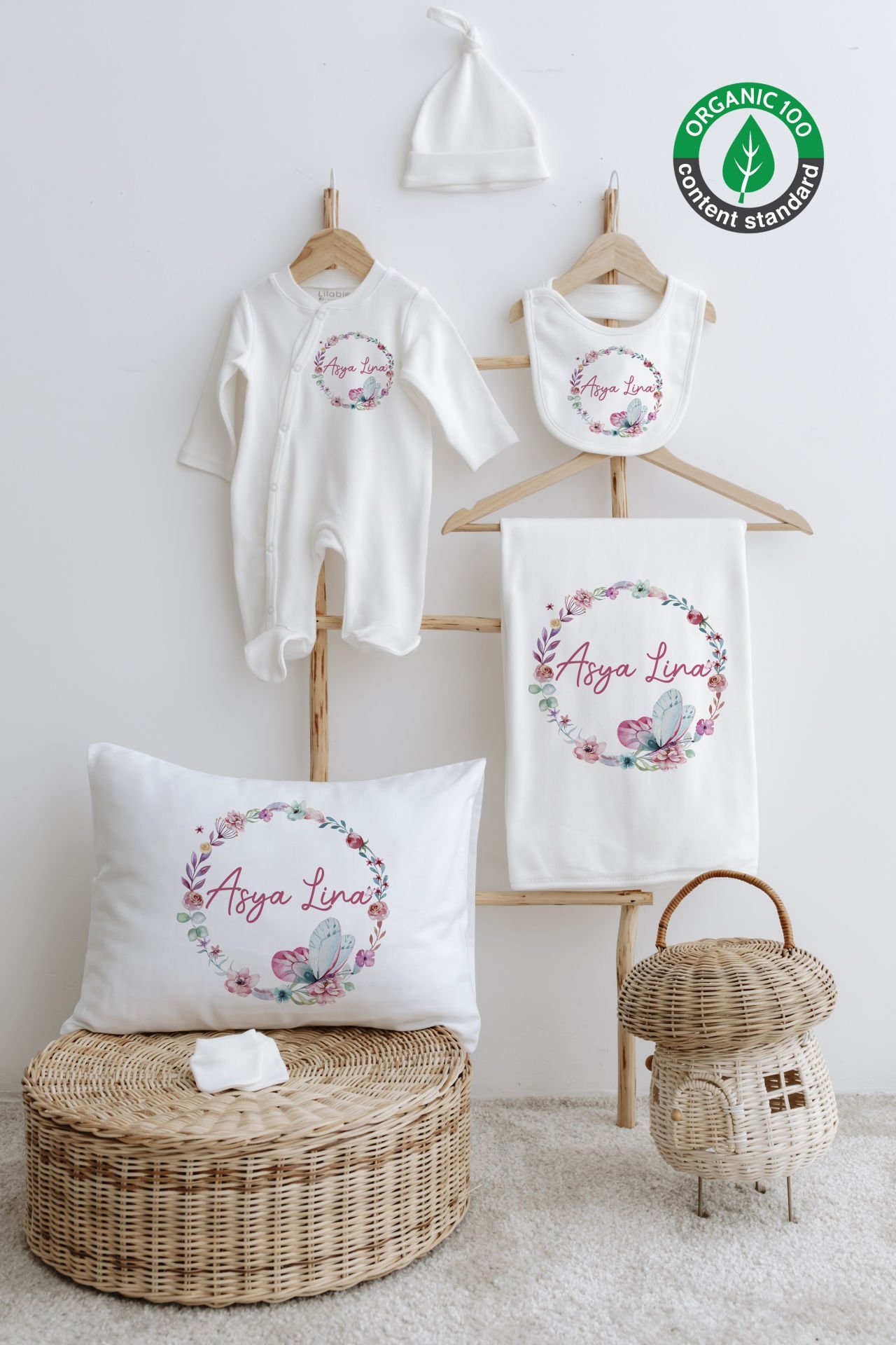 %100 Organik İsme Özel 6lı Hastane Çıkışı Tulum Set Kelebek