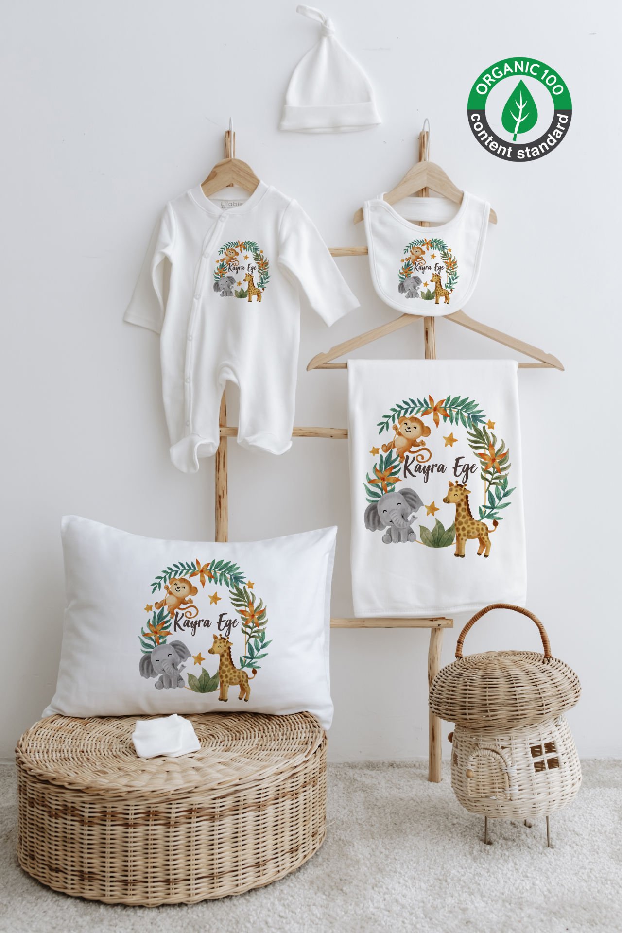 %100 Organik İsme Özel 6lı Hastane Çıkışı Tulum Set Safari