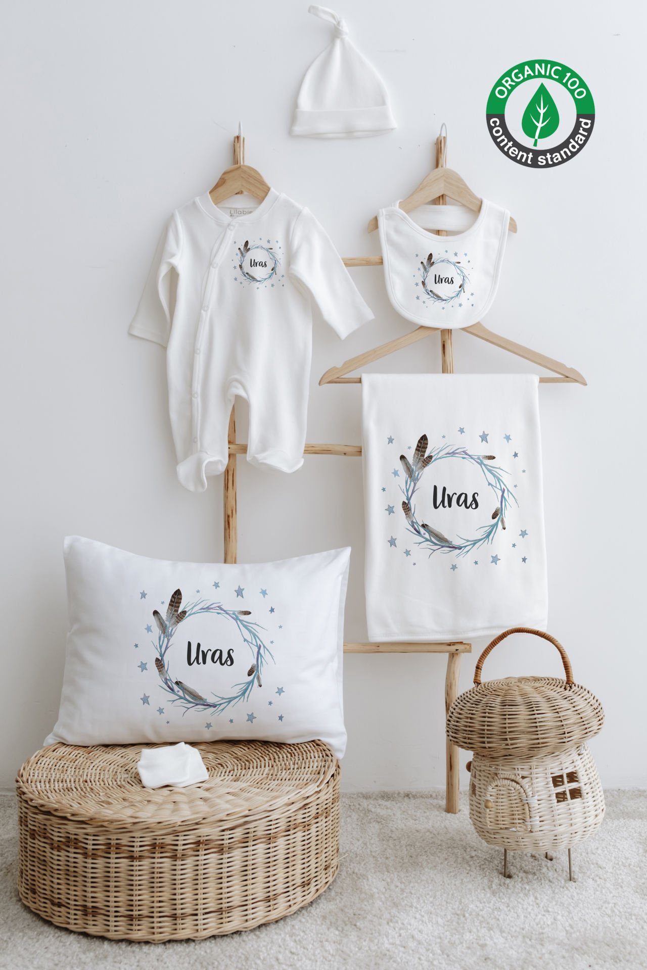%100 Organik İsme Özel 6lı Hastane Çıkışı Tulum Set Kuş Tüyü