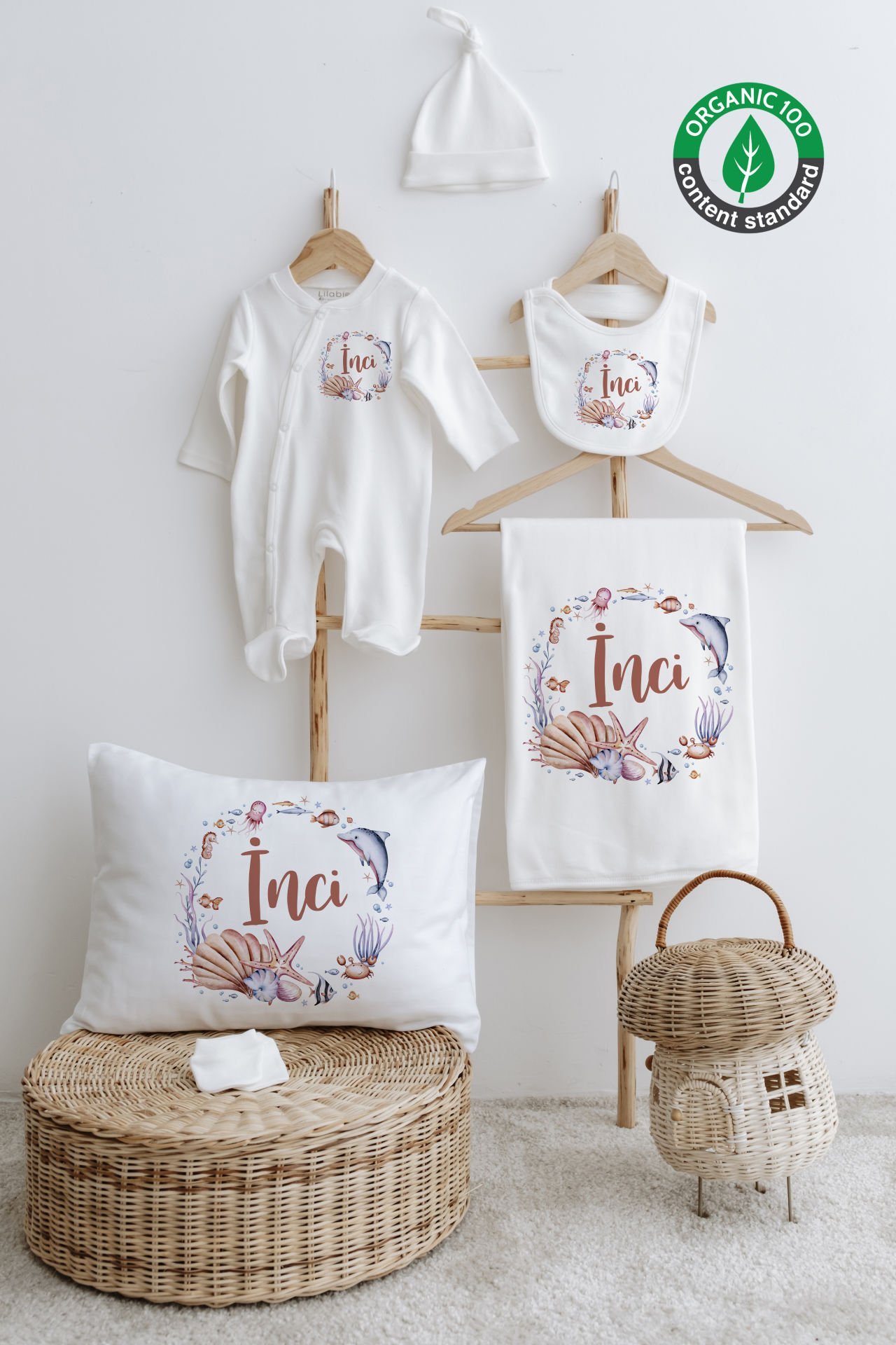 %100 Organik İsme Özel 6lı Hastane Çıkışı Tulum Set Deniz Kabuğu