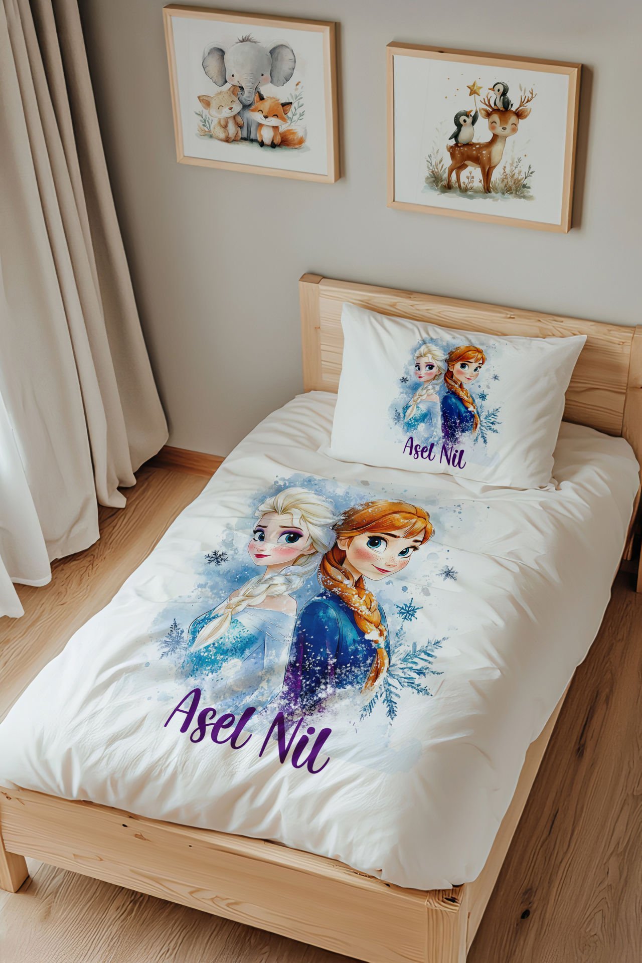 İsme Özel Tek Kişilik %100 Pamuk Çocuk Nevresim Takımı (160x220 cm) Elsa ve Anna
