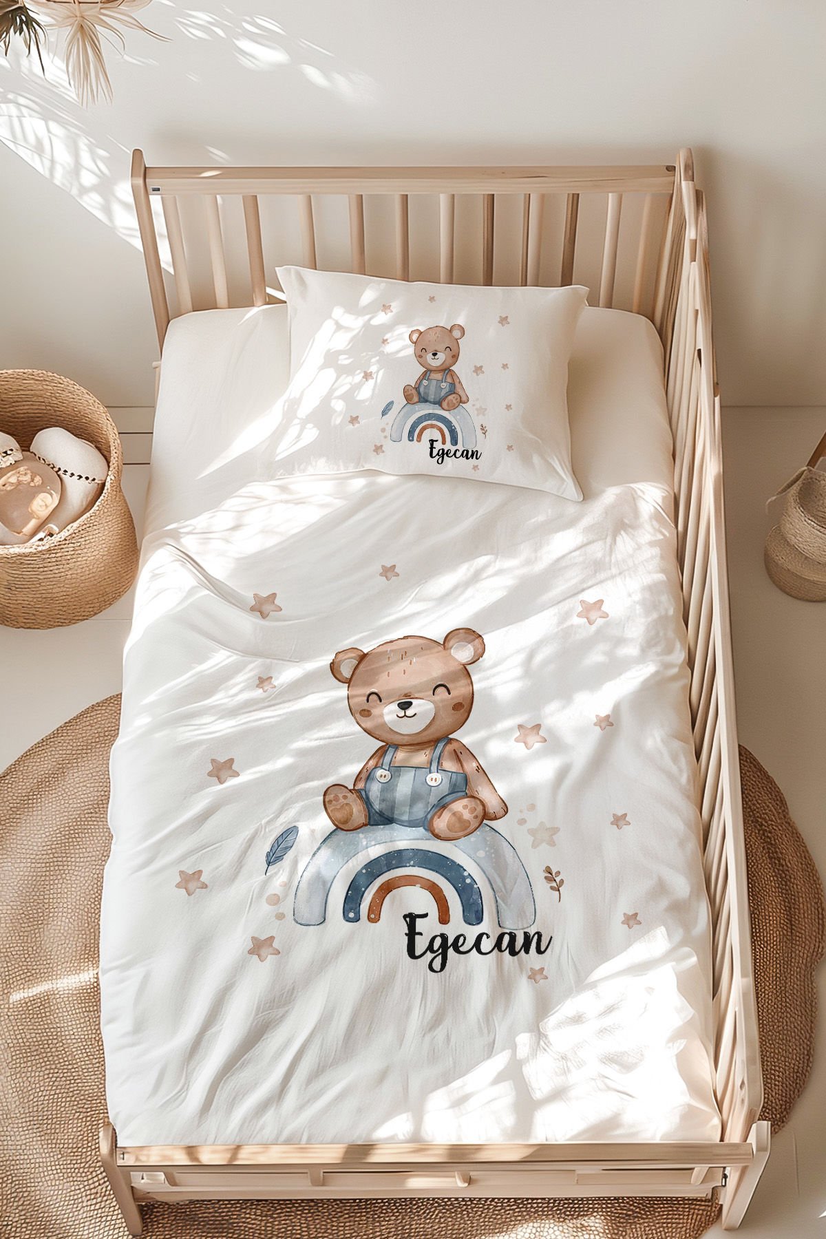 %100 Pamuk İsme Özel Montessori Yatak Nevresim Takımı (100x200 cm) Ayıcık