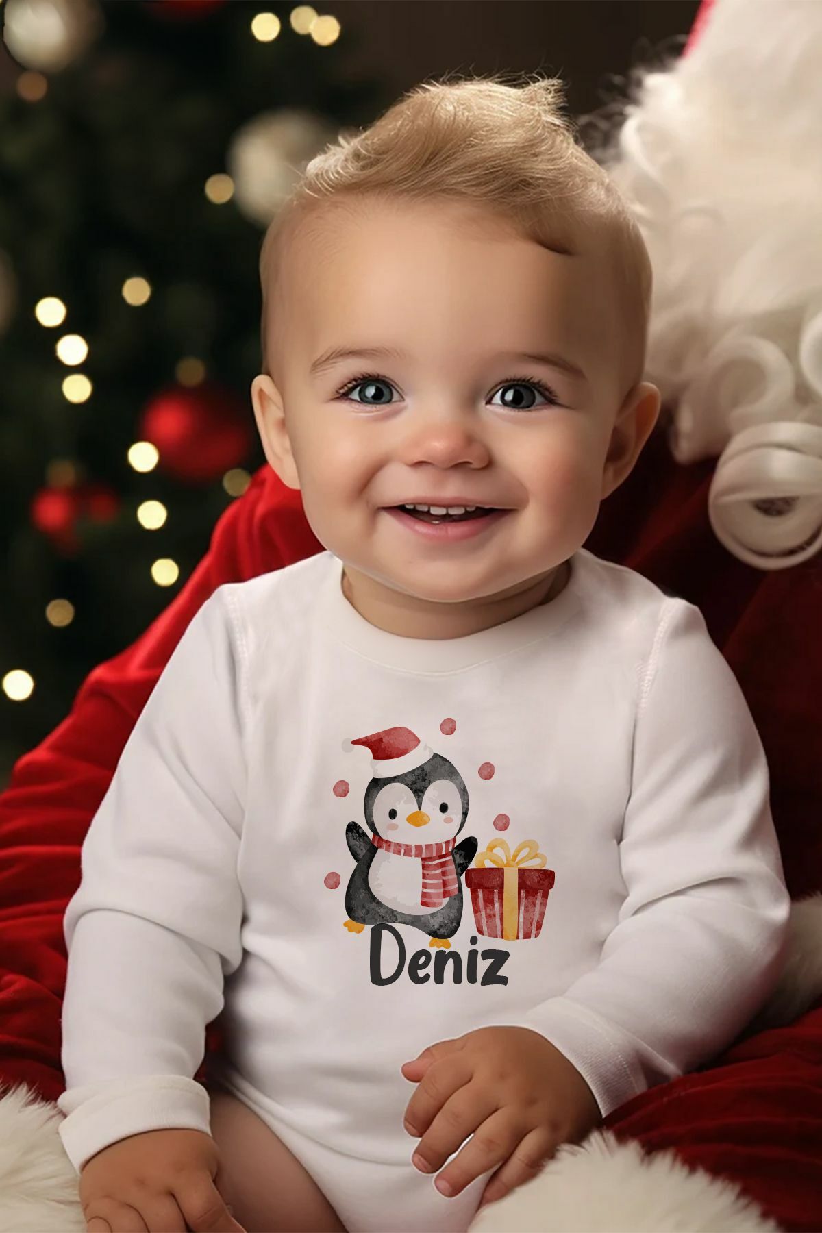 %100 Organik Pamuk İsme Özel Uzun Kollu Yılbaşı Temalı Bebek Body 12-18 AY - Beyaz