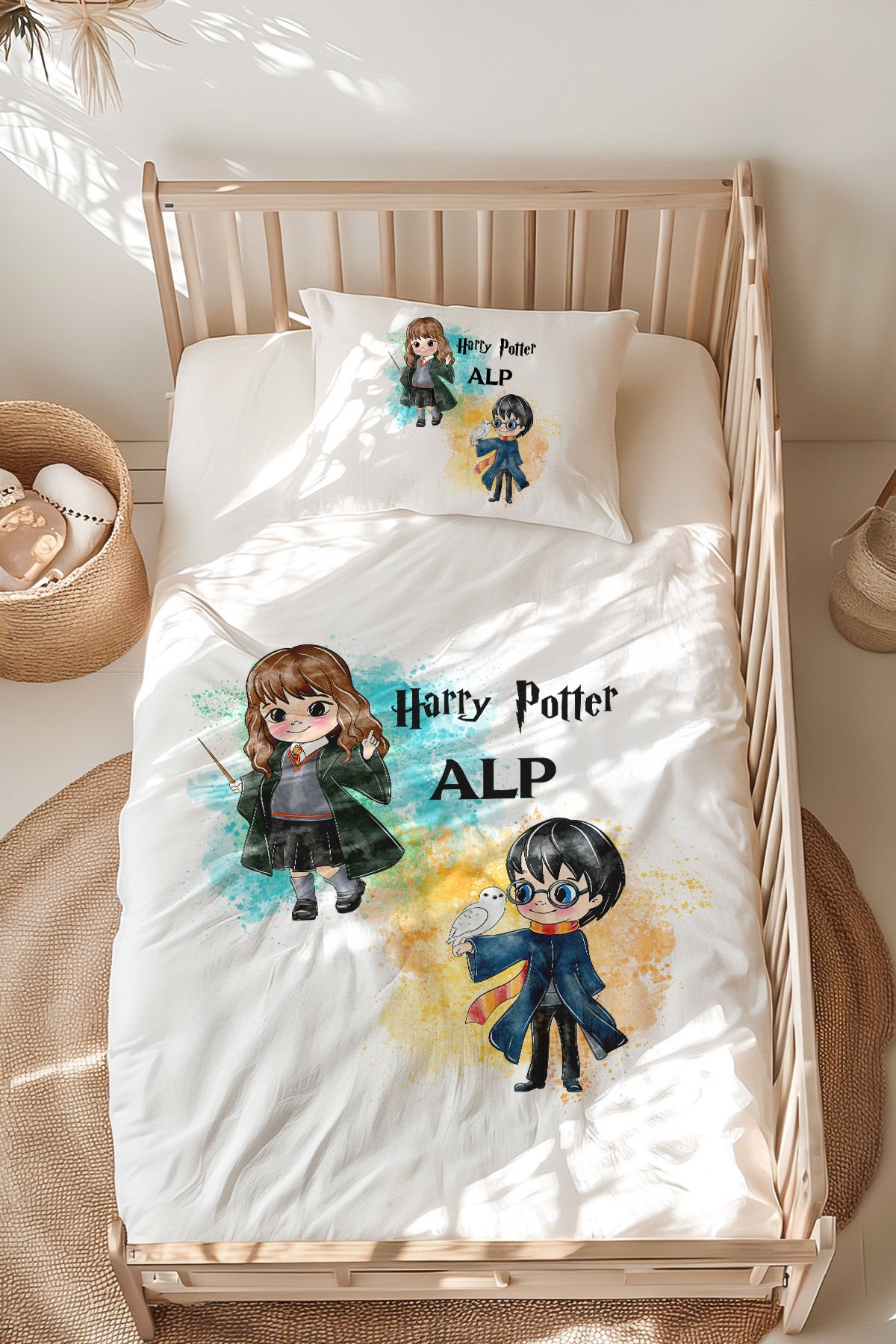 %100 Pamuk İsme Özel Montessori Yatak Nevresim Takımı (100x200 cm) Harry Potter