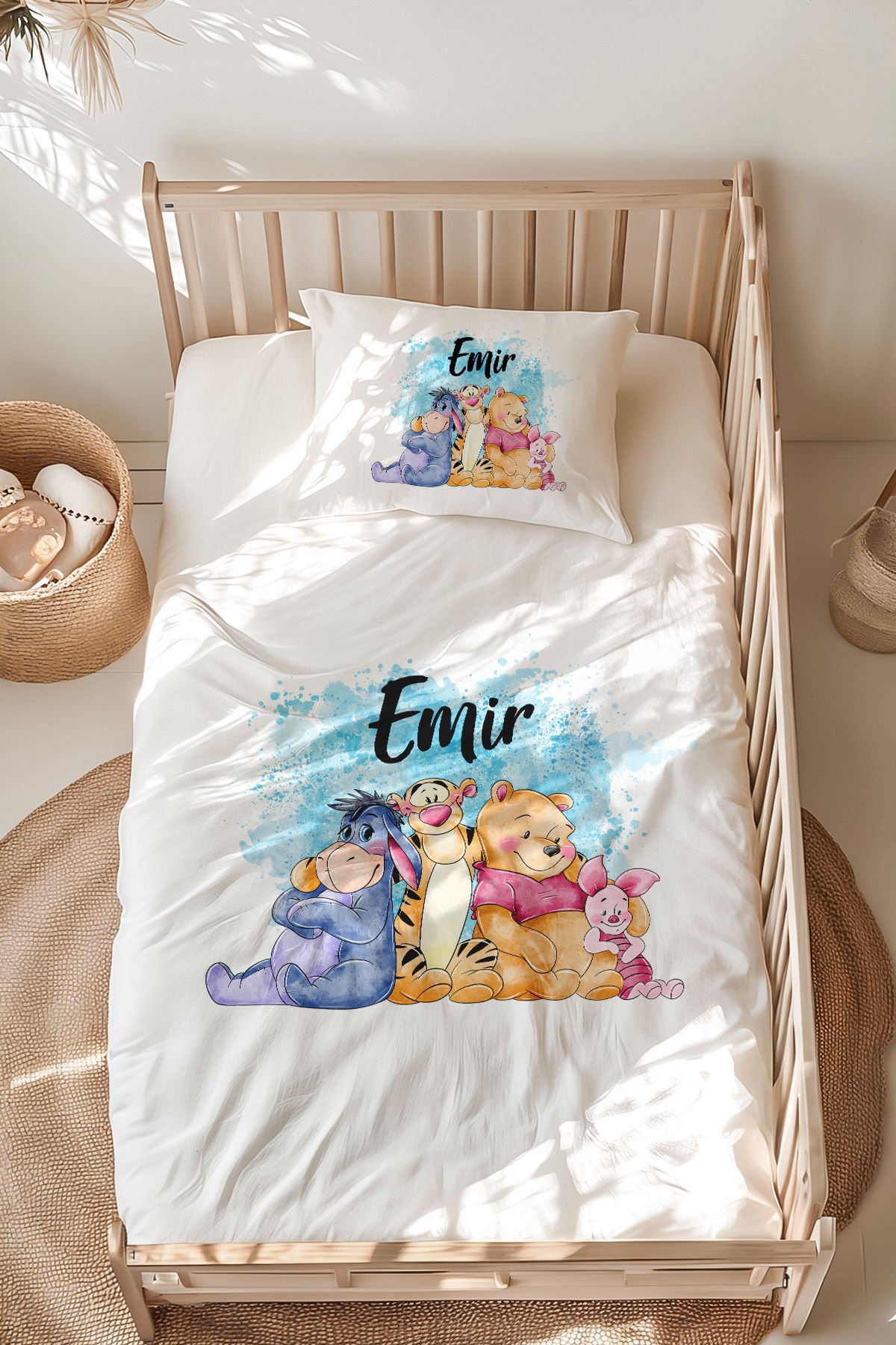 %100 Pamuk İsme Özel Montessori Yatak Nevresim Takımı (100x200 cm) Winnie the Pooh