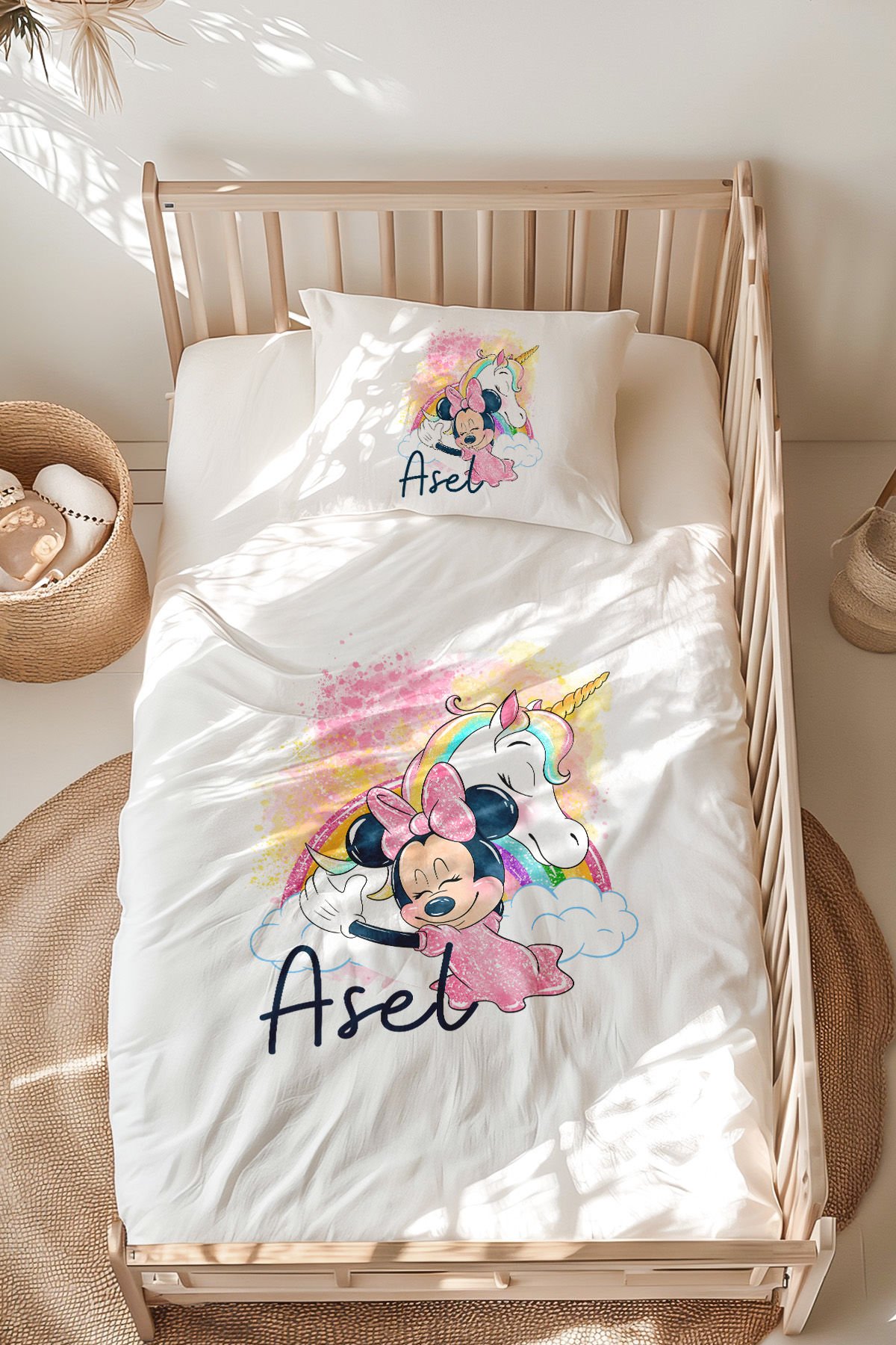 %100 Pamuk İsme Özel Montessori Yatak Nevresim Takımı (100x200 cm) Minnie ve Unicorn