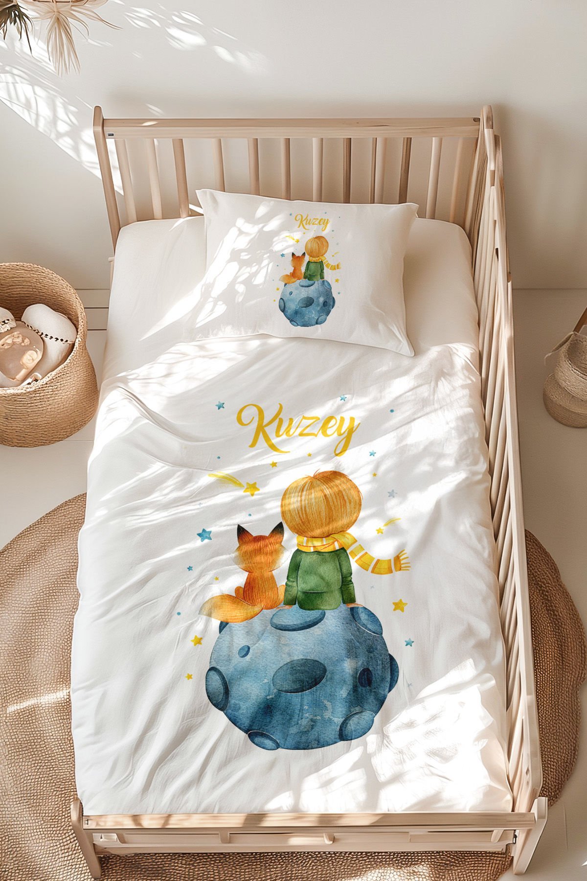 %100 Pamuk İsme Özel Montessori Yatak Nevresim Takımı (100x200 cm) Küçük Prens