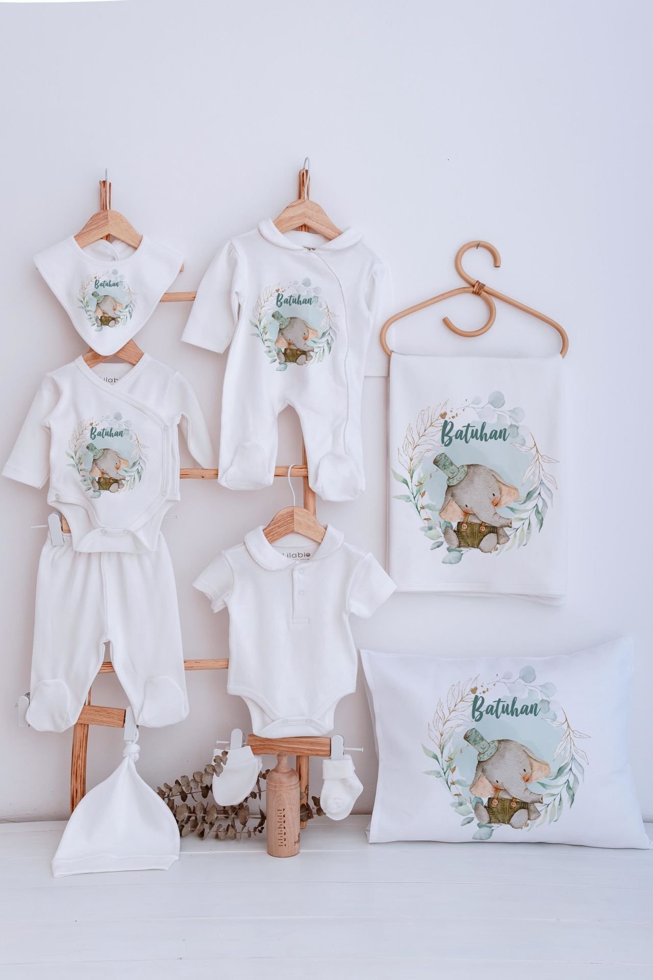 Lilabio Bebe Yaka İsme Özel Delux 12li Hastane Çıkışı Şapkalı Fil