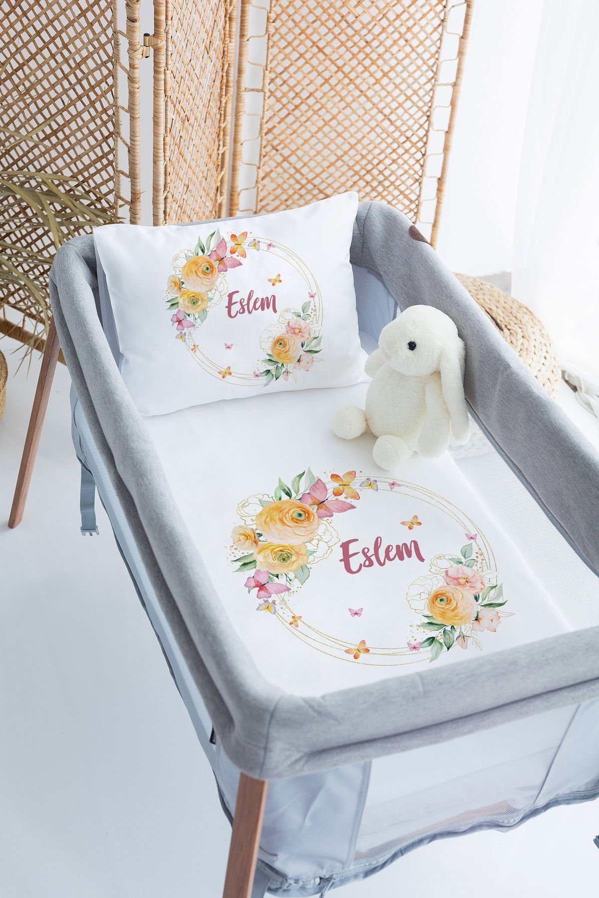 %100 Delux Pamuk İsme Özel 70x120 Park Yatak Nevresim Takımı Çiçek