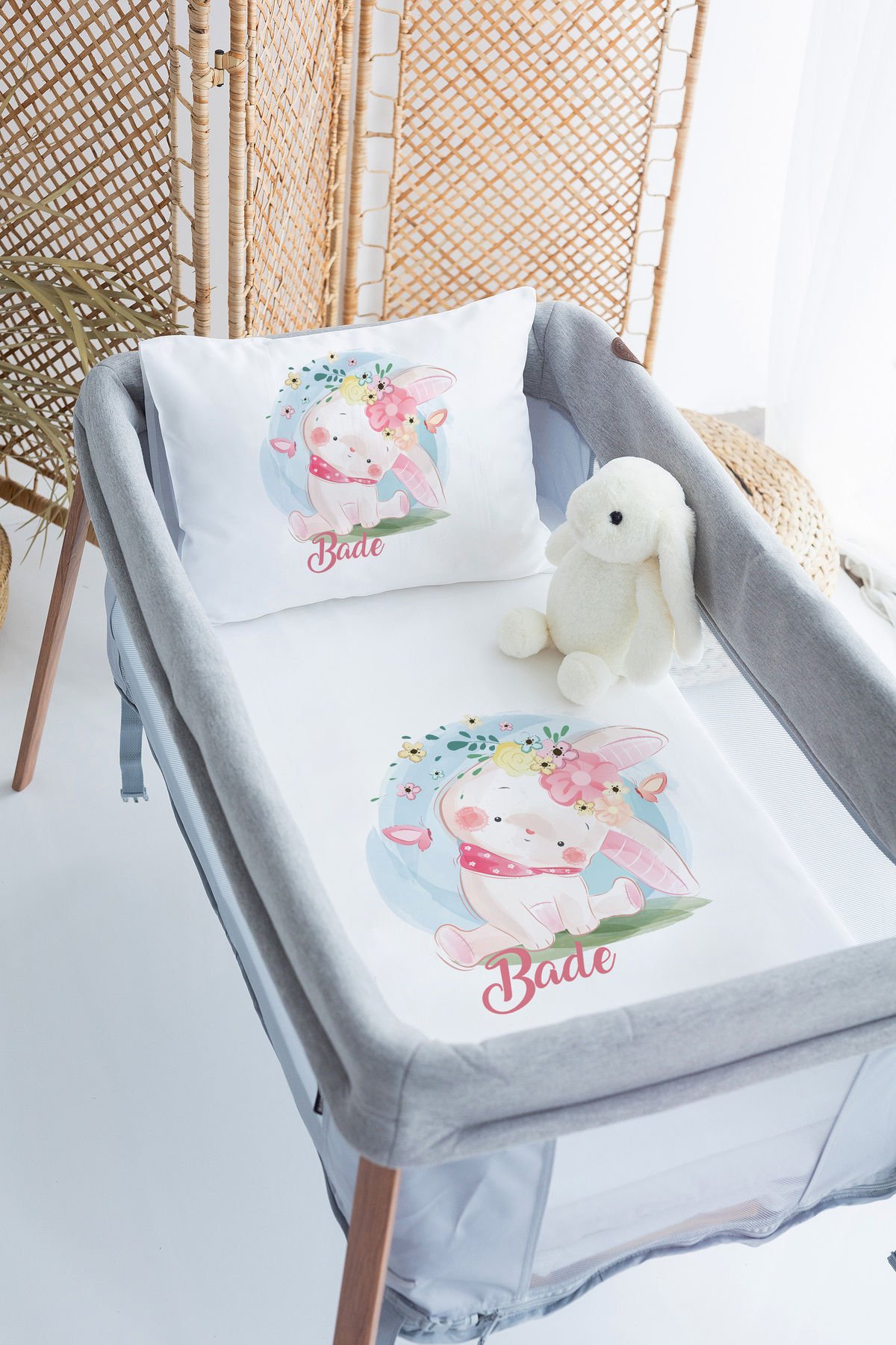 %100 Delux Pamuk İsme Özel 70x120 Park Yatak Nevresim Takımı Tavşan