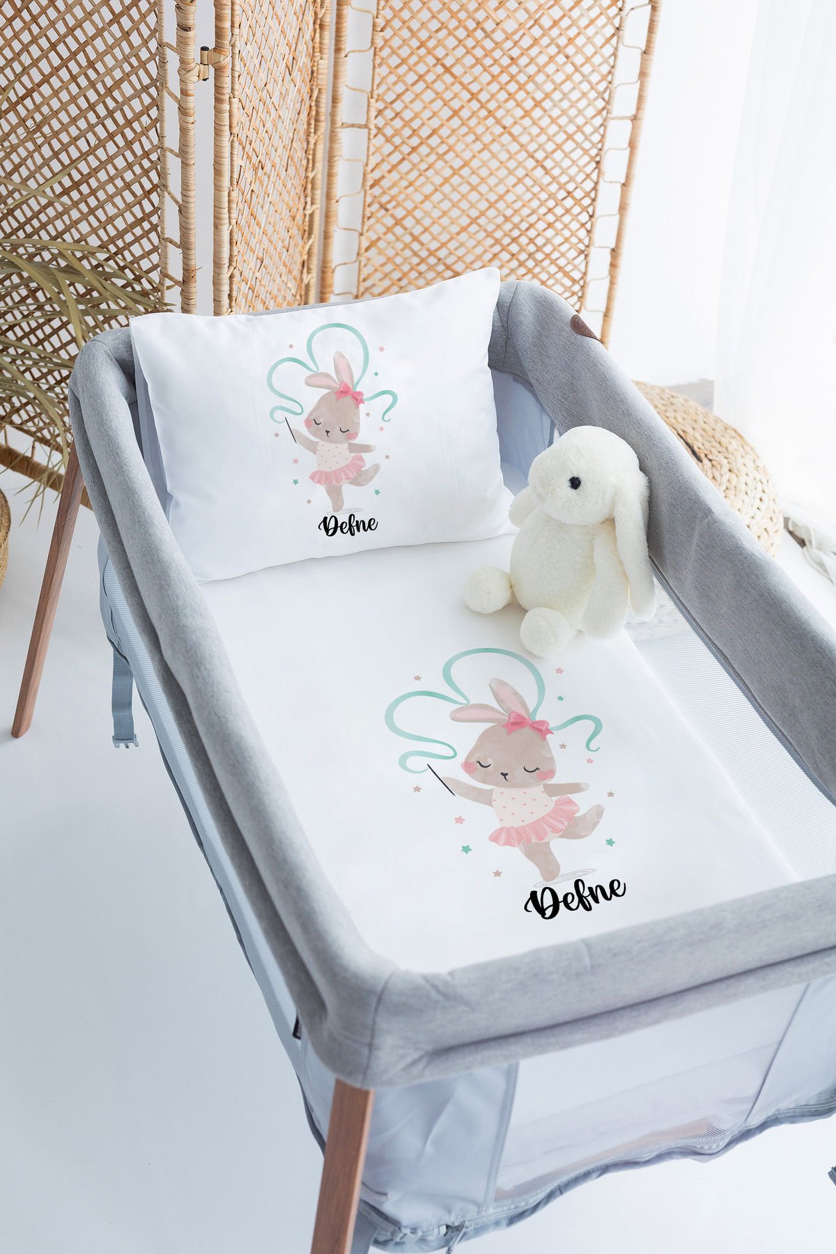 %100 Delux Pamuk İsme Özel 70x120 Park Yatak Nevresim Takımı Tavşan