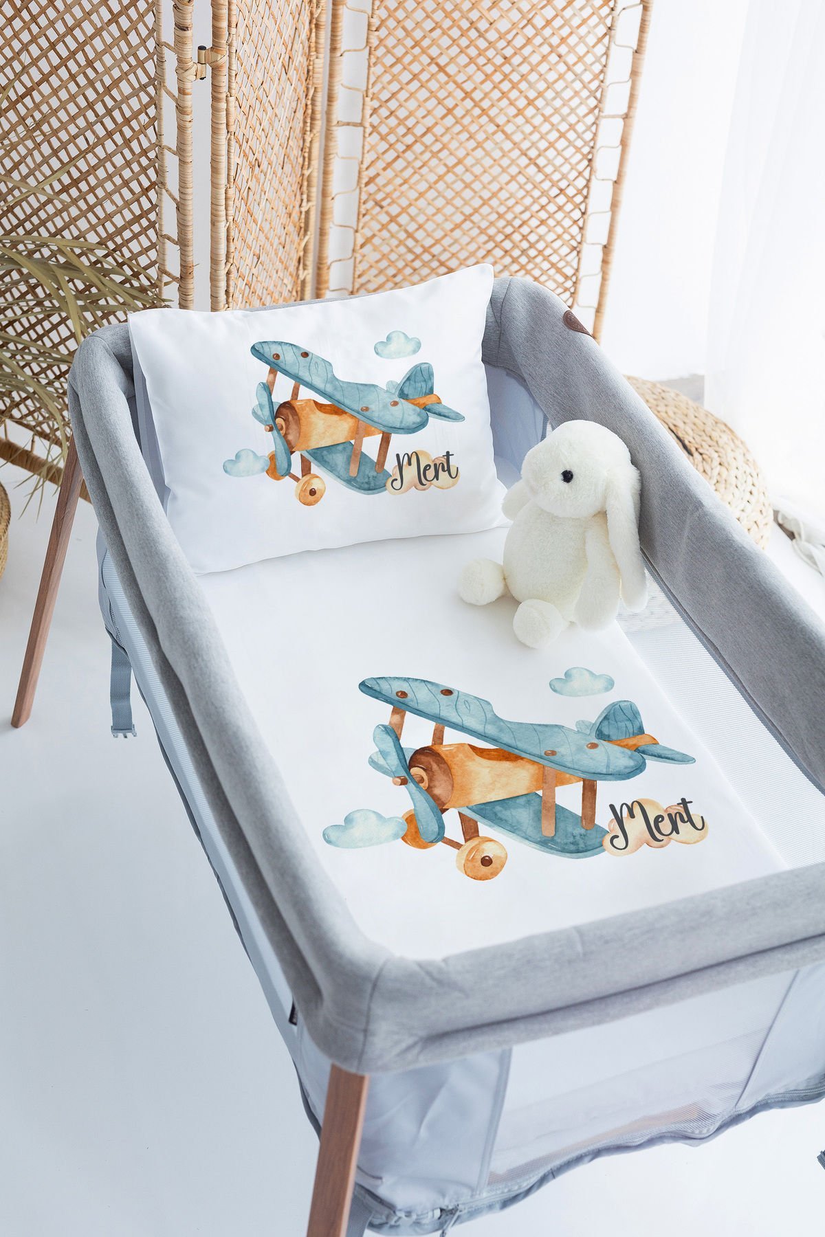 %100 Delux Pamuk İsme Özel 70x120 Park Yatak Nevresim Takımı Uçak