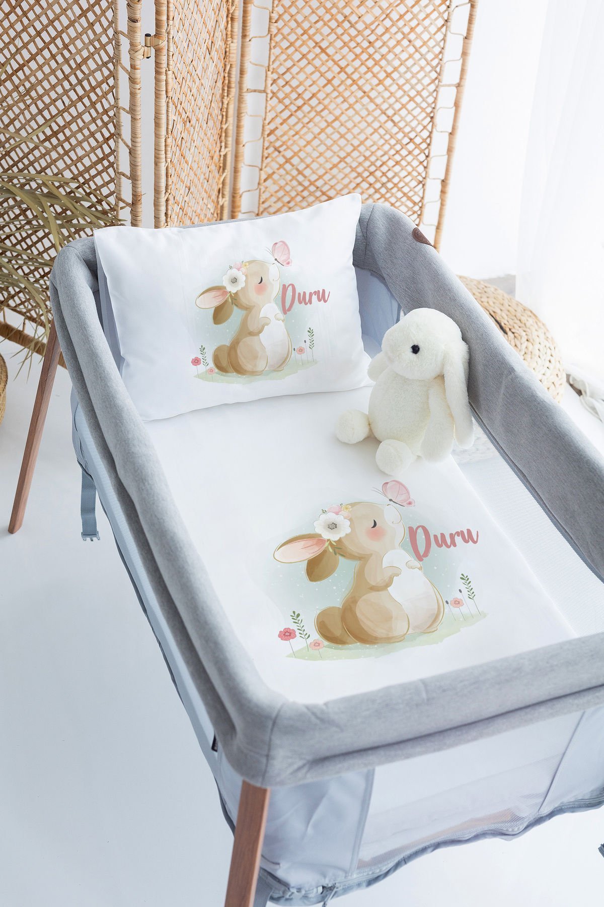%100 Delux Pamuk İsme Özel 70x120 Park Yatak Nevresim Takımı Tavşan