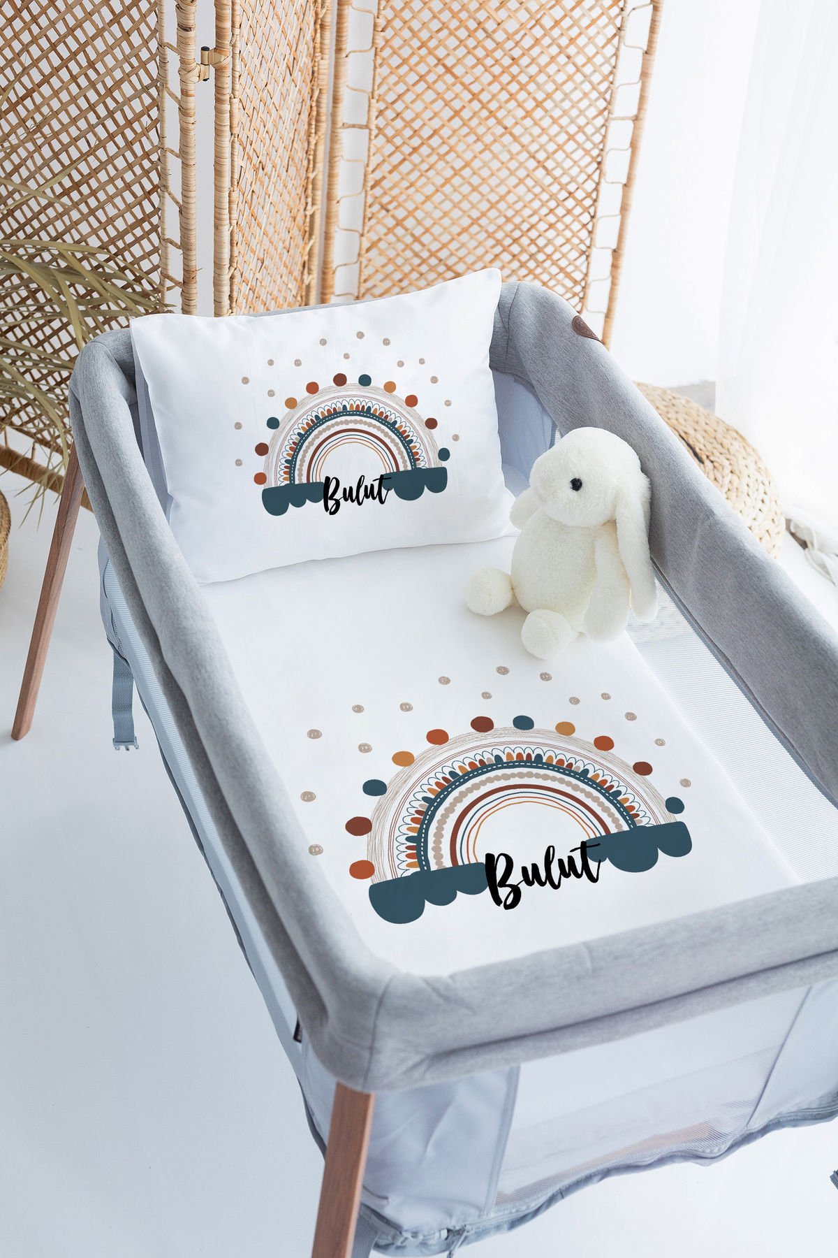%100 Delux Pamuk İsme Özel 70x120 Park Yatak Nevresim Takımı Gökkuşağı