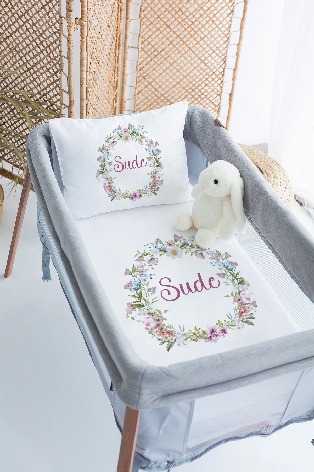 %100 Delux Pamuk İsme Özel 70x120 Park Yatak Nevresim Takımı Çiçek