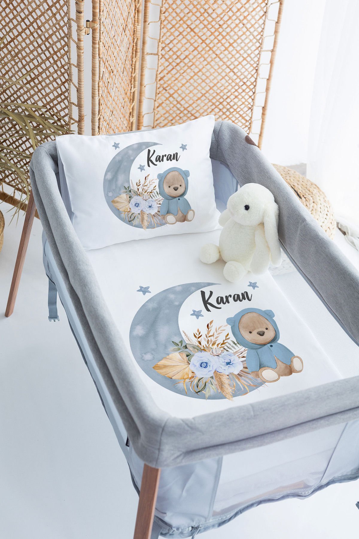 %100 Delux Pamuk İsme Özel 70x120 Park Yatak Nevresim Takımı Ayıcık