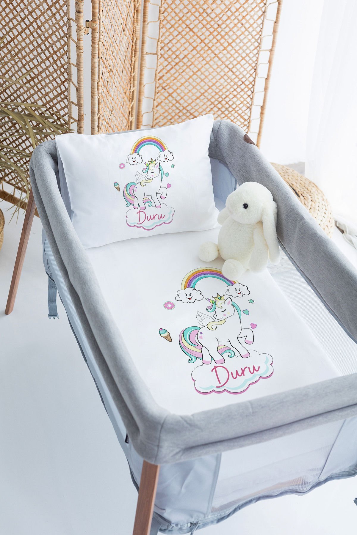 %100 Delux Pamuk İsme Özel 70x120 Park Yatak Nevresim Takımı Unicorn