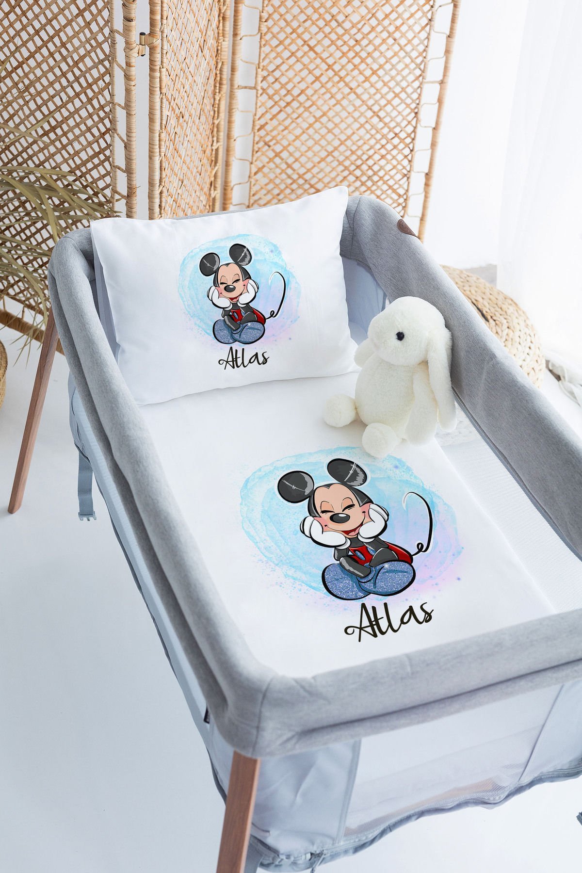 %100 Delux Pamuk İsme Özel 70x120 Park Yatak Nevresim Takımı Mickey