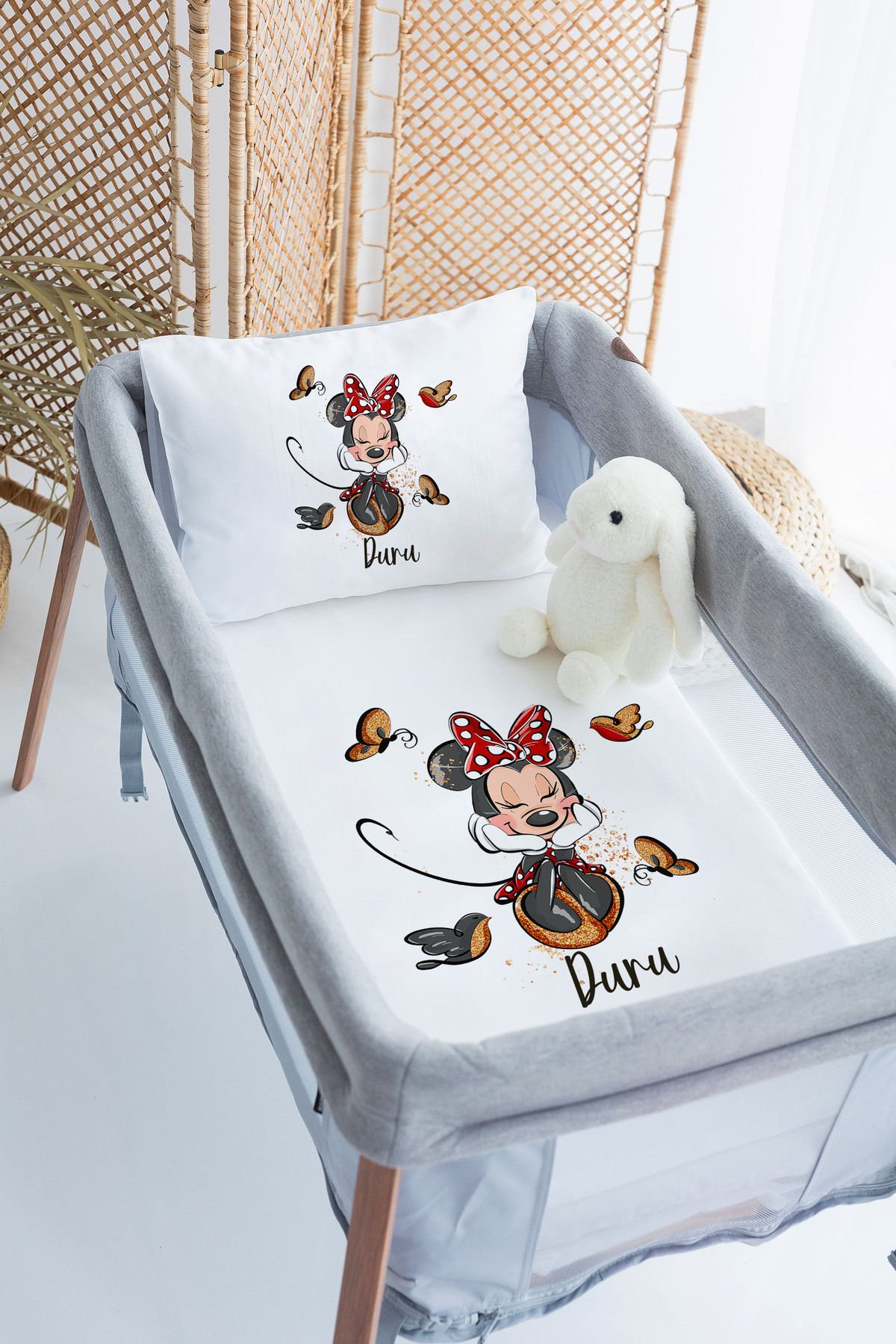 %100 Delux Pamuk İsme Özel 70x120 Park Yatak Nevresim Takımı Minnie