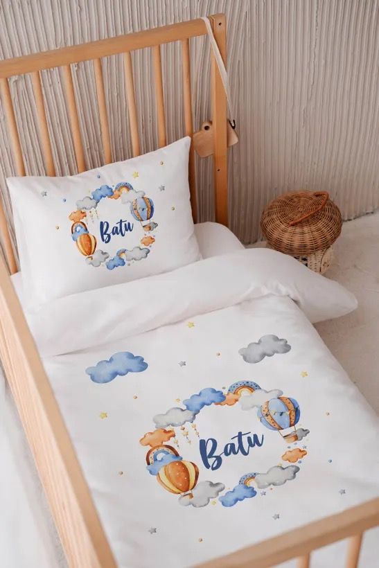 %100 Pamuk Saten İsme Özel 100x150 Bebek Yatak Nevresim Seti Balon