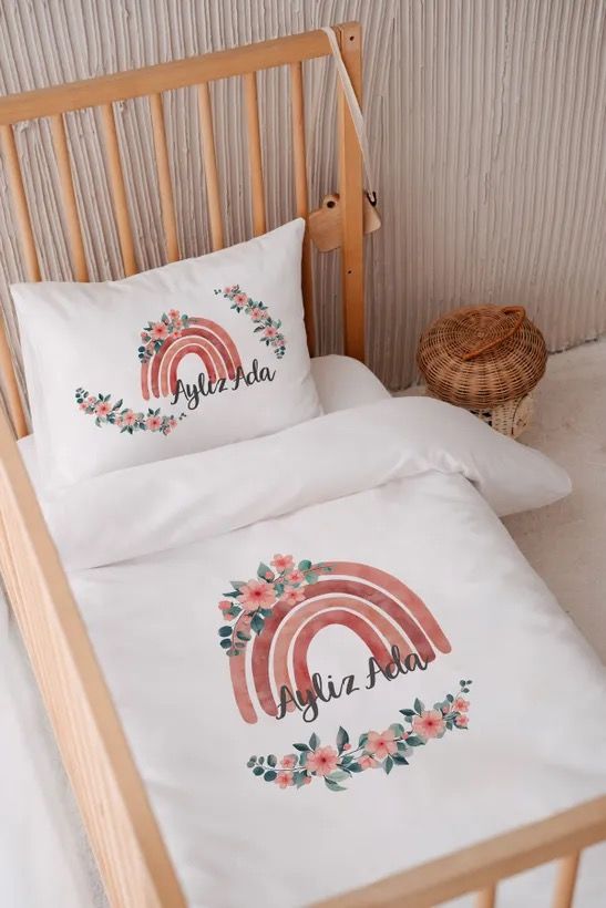 %100 Pamuk Saten İsme Özel 100x150 Bebek Yatak Nevresim Seti Gökkuşağı