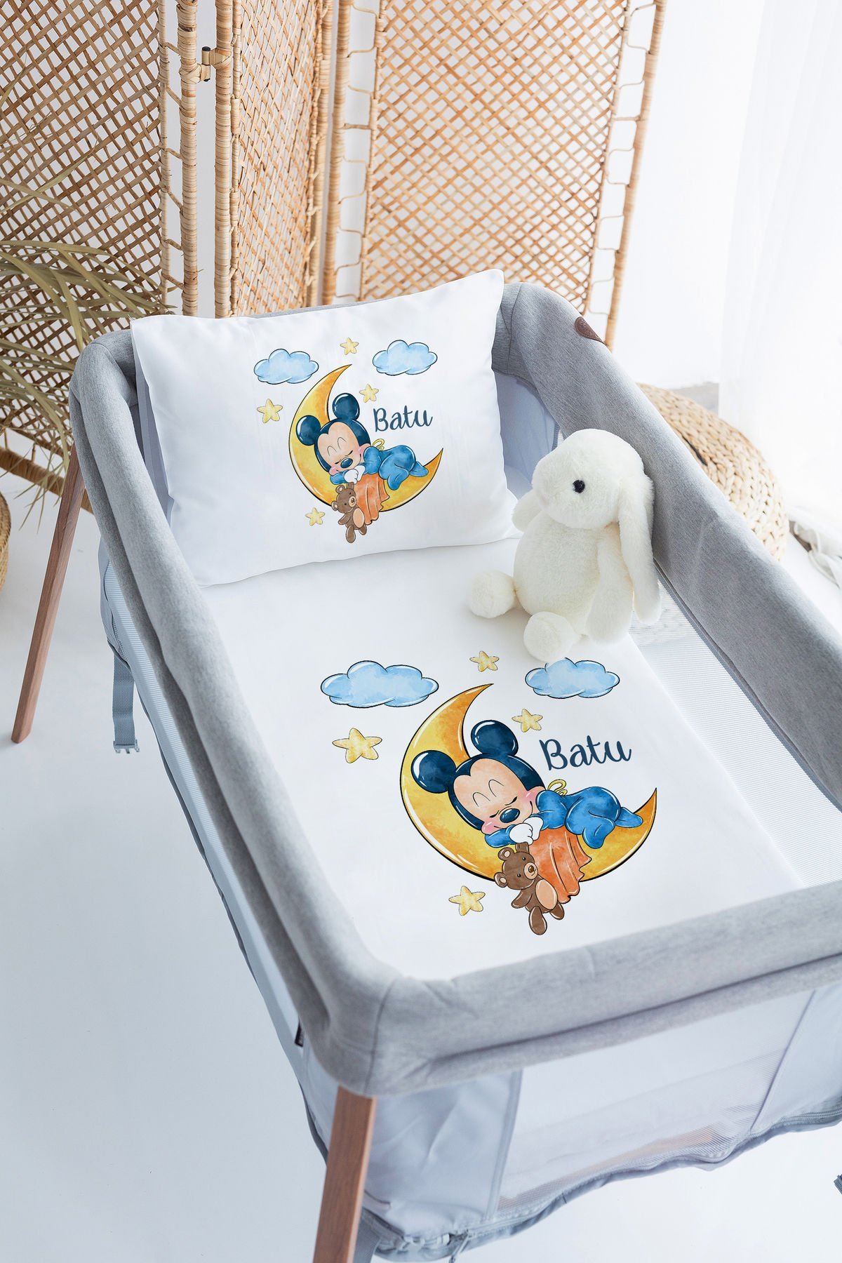 %100 Delux Pamuk İsme Özel 70x120 Park Yatak Nevresim Takımı Mickey