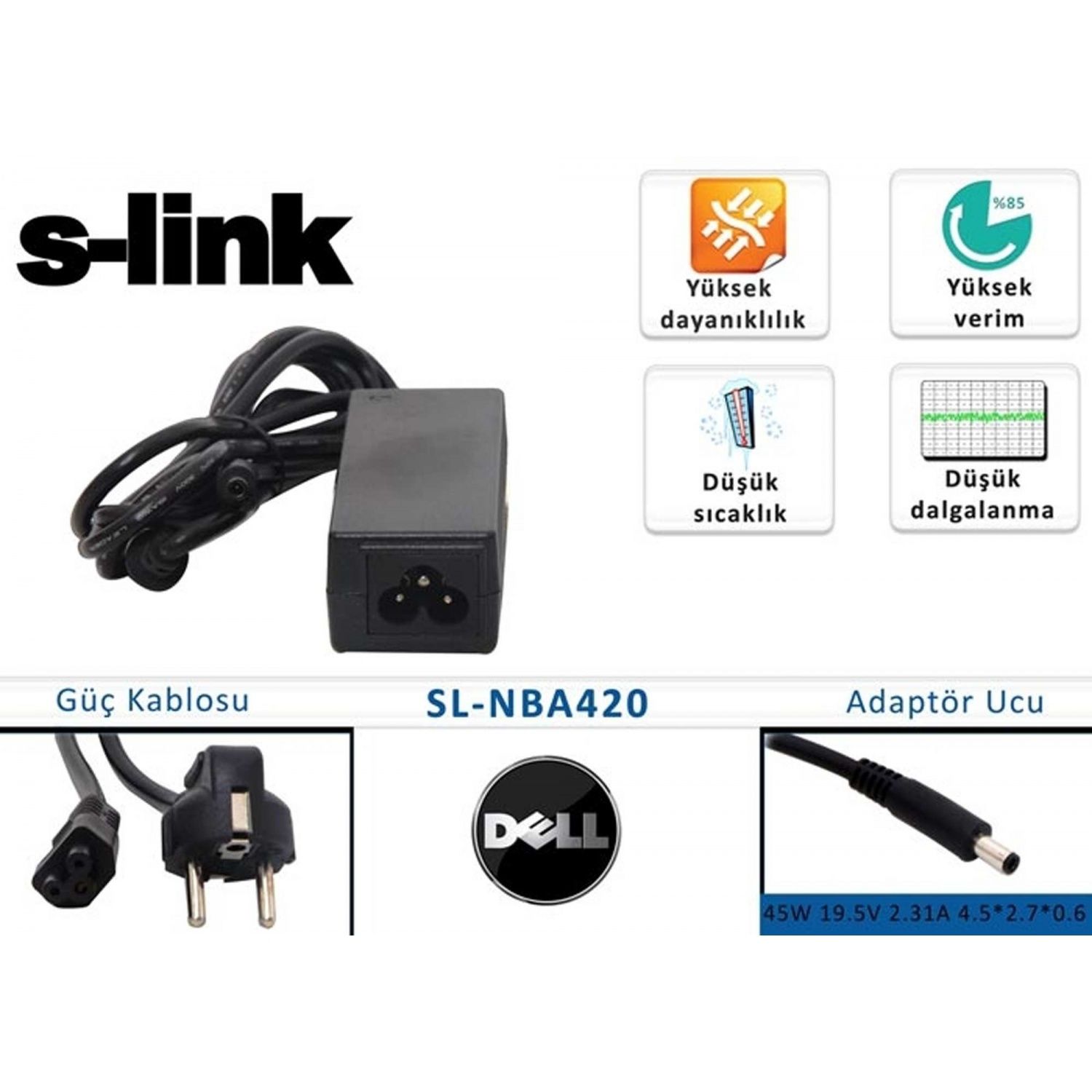 S-Link Sl-Nba420 45W 19.5V 2.31A 4.5-2.7-0.6 Dell Notebook Adapt