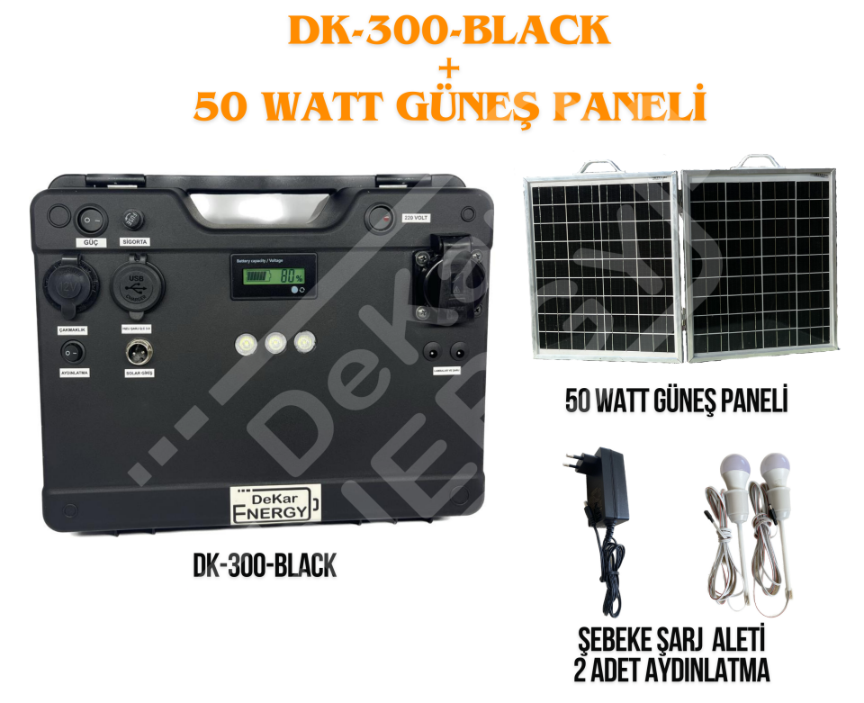 Taşınabilir Güç Kaynağı DK-300-BLACK + 50 Watt Güneş Paneli