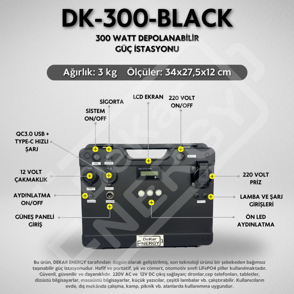 Taşınabilir Güç Kaynağı DK-300-BLACK + 50 Watt Güneş Paneli