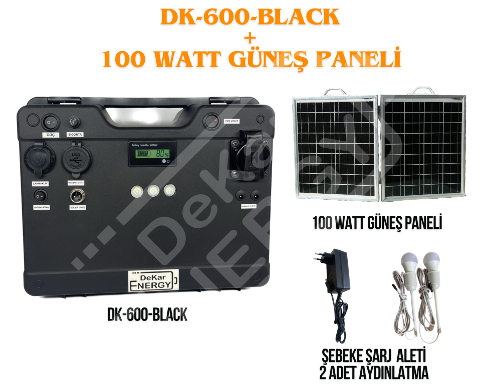 Taşınabilir Güç Kaynağı DK-600-BLACK + 100 Watt Güneş Paneli