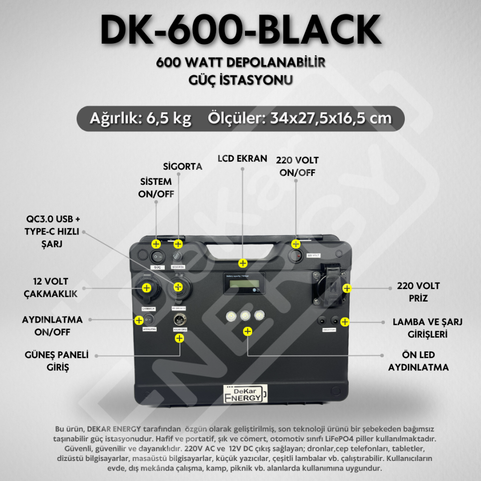 Taşınabilir Güç Kaynağı DK-600-BLACK + 100 Watt Güneş Paneli