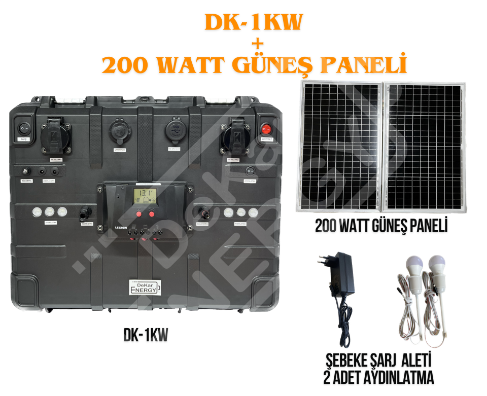 Taşınabilir Güç Kaynağı DK-1KW + 200 Watt Güneş Paneli
