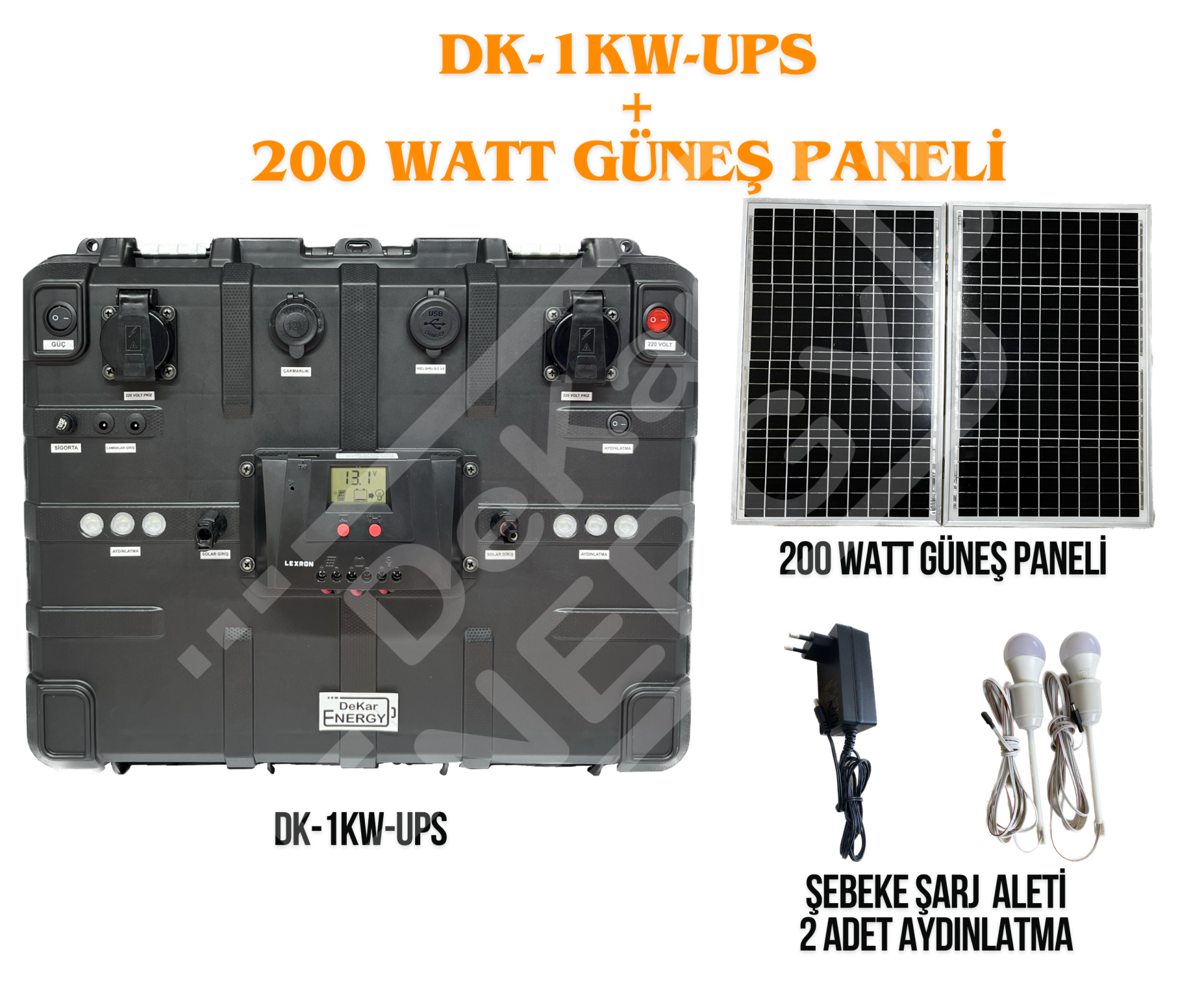 Taşınabilir Güç Kaynağı DK-1KW-UPS + 200 Watt Güneş Paneli