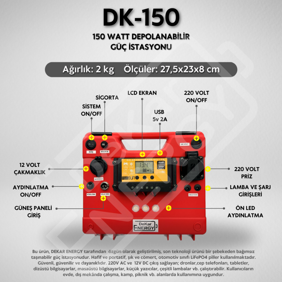 Taşınabilir Güç Kaynağı DK-150+ 25 Watt Güneş Paneli