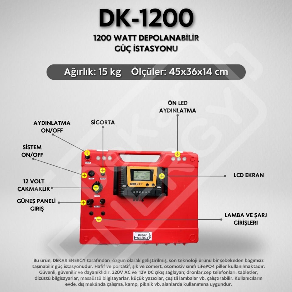 Taşınabilir Güç Kaynağı DK-1200 + 200 Watt Güneş Paneli